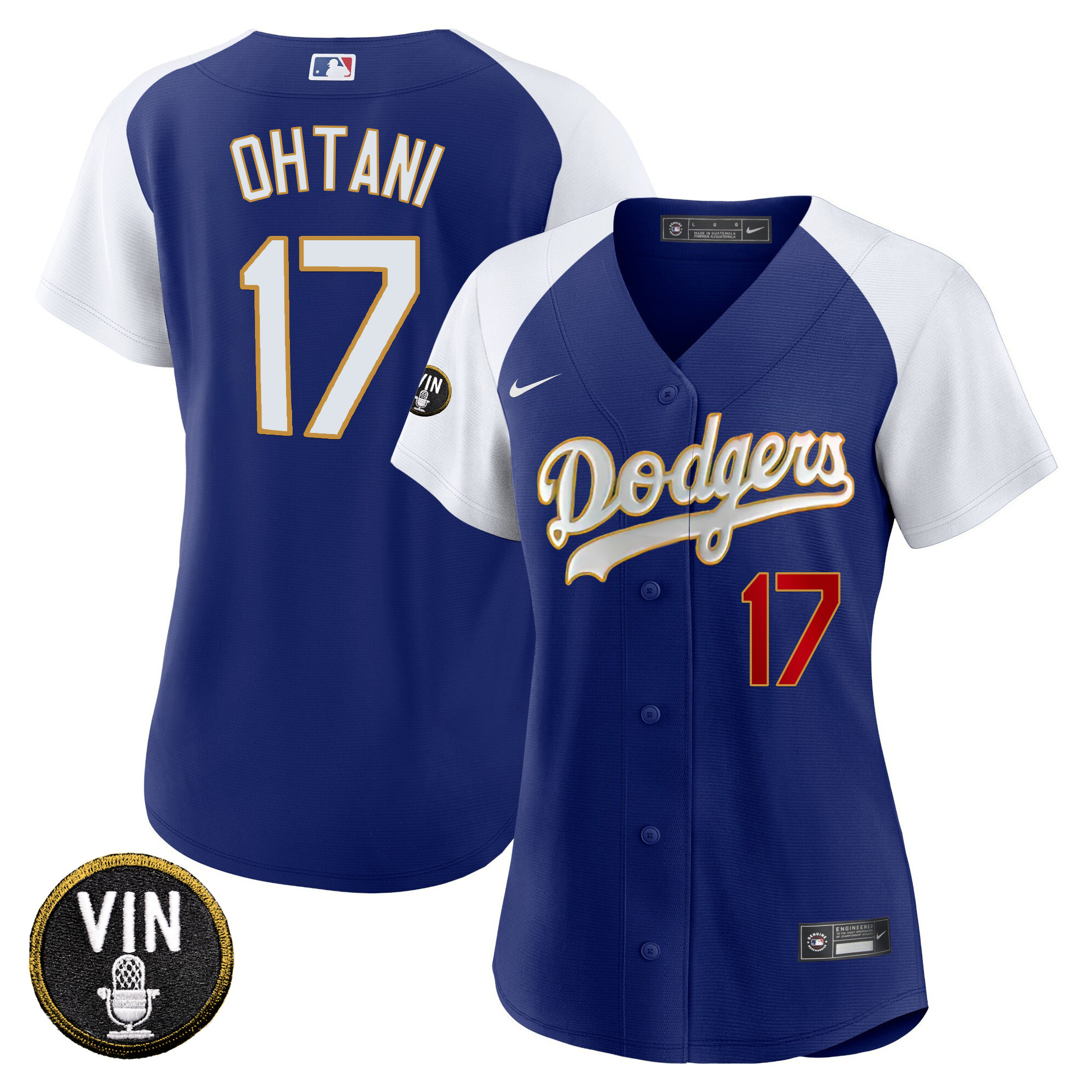 Shohei Ohtani Women's Los Angeles Dodgers Vin Scully Patch Gold Trim Alternate Royal Jersey - All Stitched