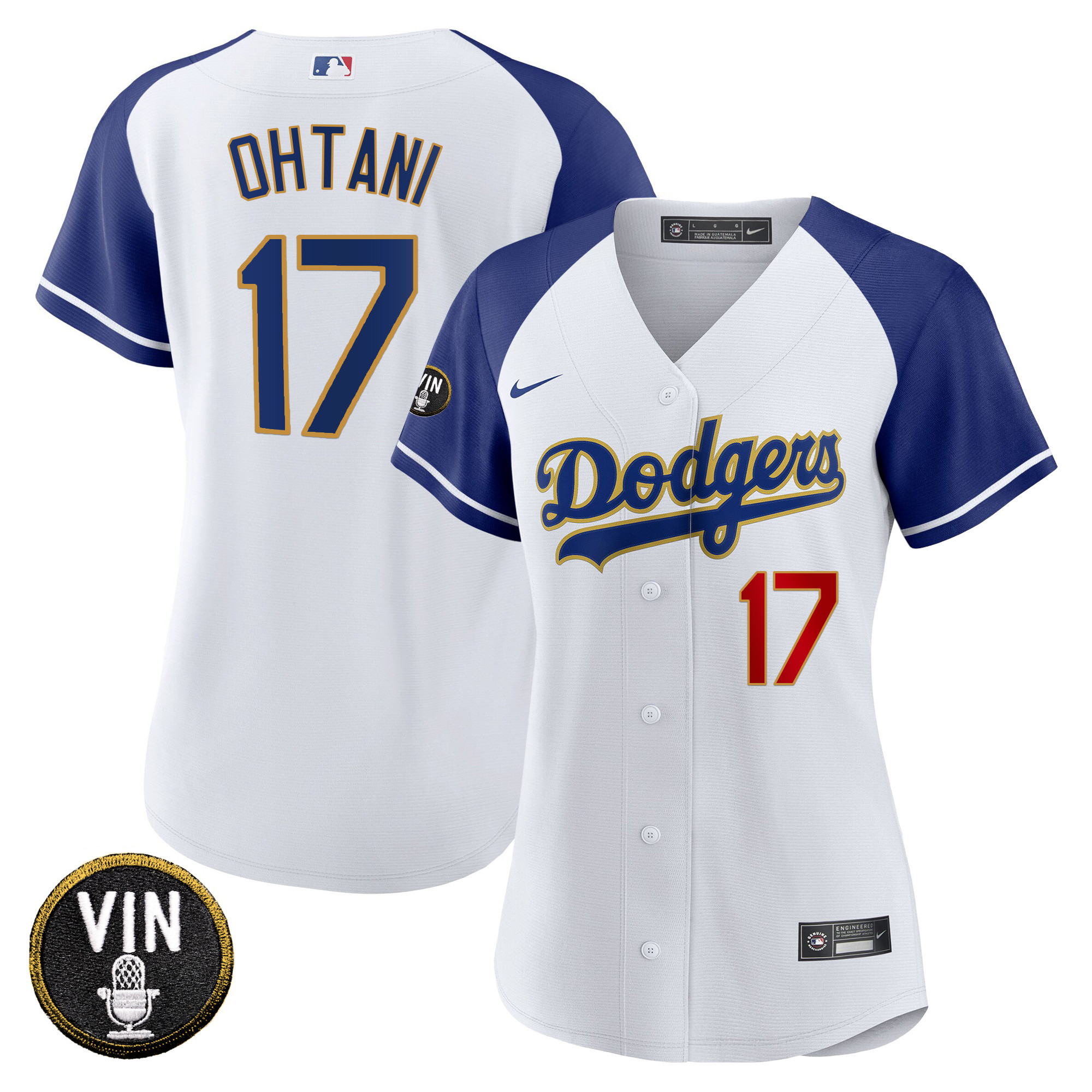 Shohei Ohtani Women's Los Angeles Dodgers Vin Scully Patch Gold Trim Alternate White Jersey - All Stitched
