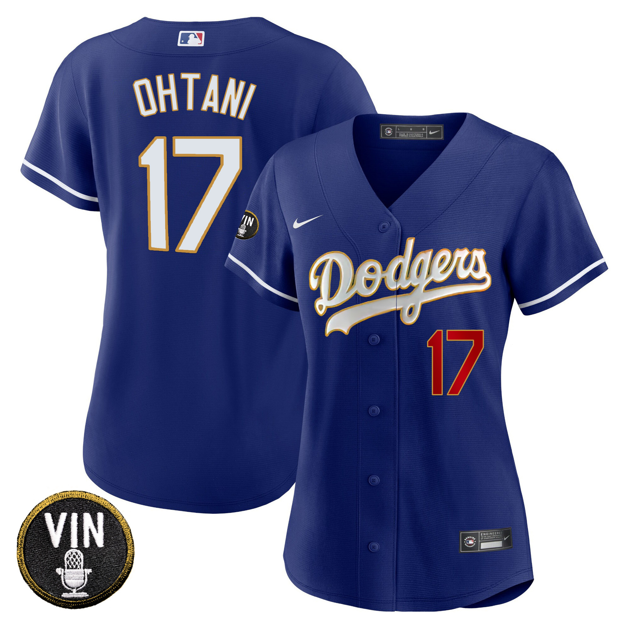 Shohei Ohtani Women's Los Angeles Dodgers Vin Scully Patch Gold Trim Royal Jersey - All Stitched