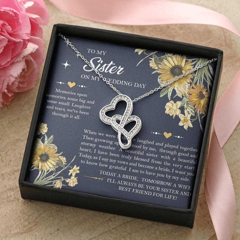 Sister of the Bride Gifts, I’ll Always Be Your Sister, Double Heart Necklace For Women, Wedding Day Thank You Ideas From Bride
