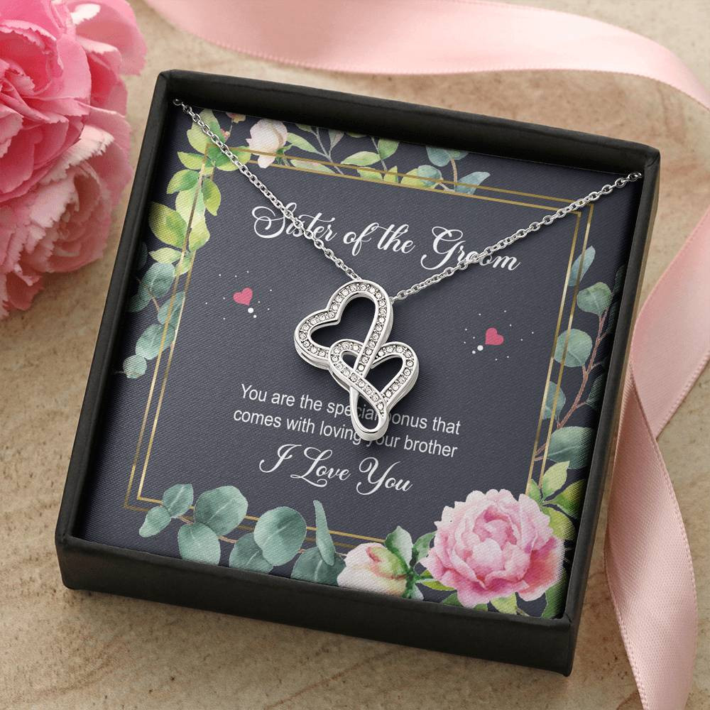 Sister of the Groom Gifts, You Are The Special Bonus, Double Heart Necklace For Women, Wedding Day Thank You Ideas From Bride