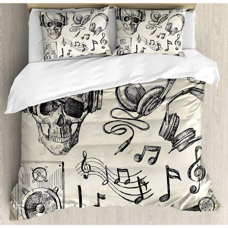 Sketchy Music Hipster Skull With Headphones Duvet Cover Bedding Set