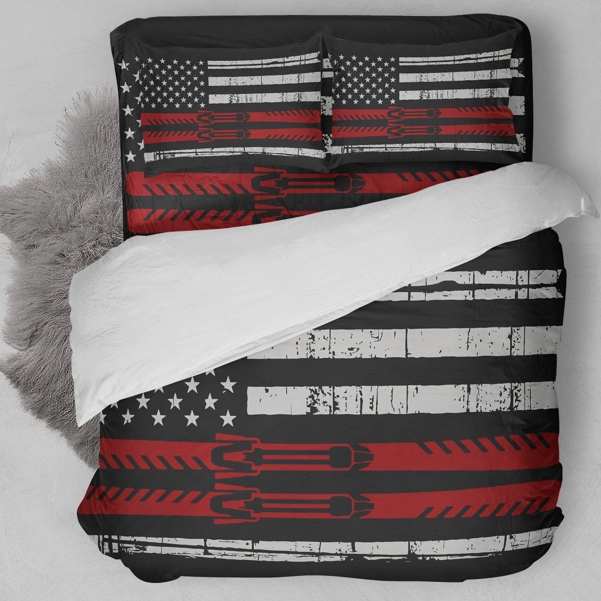 Skiing American Flag Red Duvet Cover Bedding Set