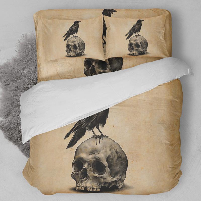 Skull Bird Retro Hd Print Yellowed Twin Full Queen Kingize 3D Customized Duvet Cover Bedding Set