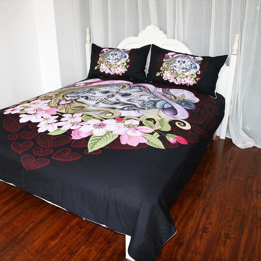 Skull Couple Pink Flowers Art Hop 3D Customized Duvet Cover Bedding Set