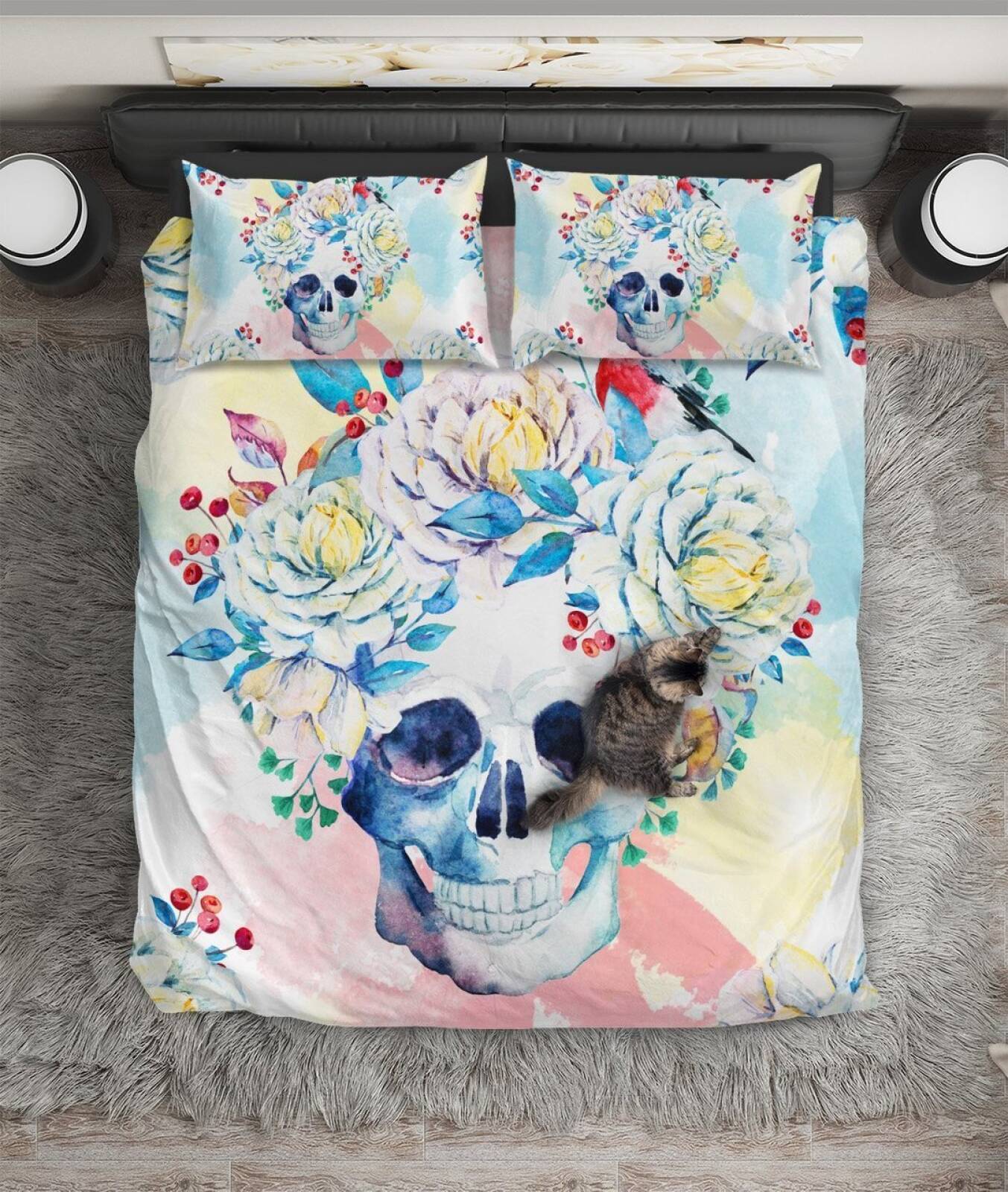 Skull Floral Crown Watercolor Art Hop 3D Customized Duvet Cover Bedding Set