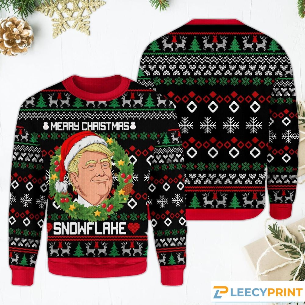 Snowflake Funny Laurel Wreath Trump Black Christmas Sweater