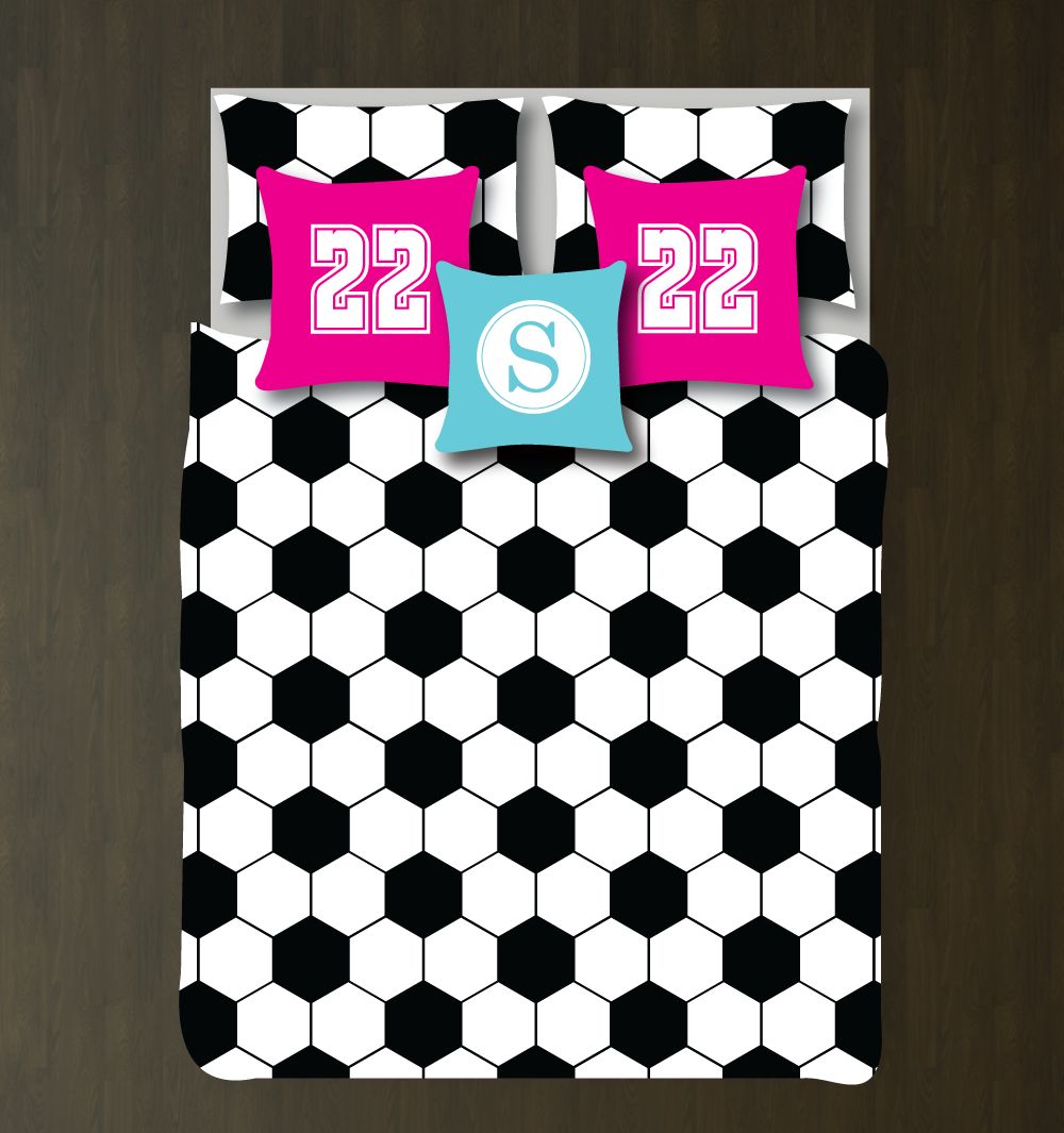 Soccer Ball Hexagon Customized Hot Pink, Aqua, Black And White Duvet Cover Bedding Set