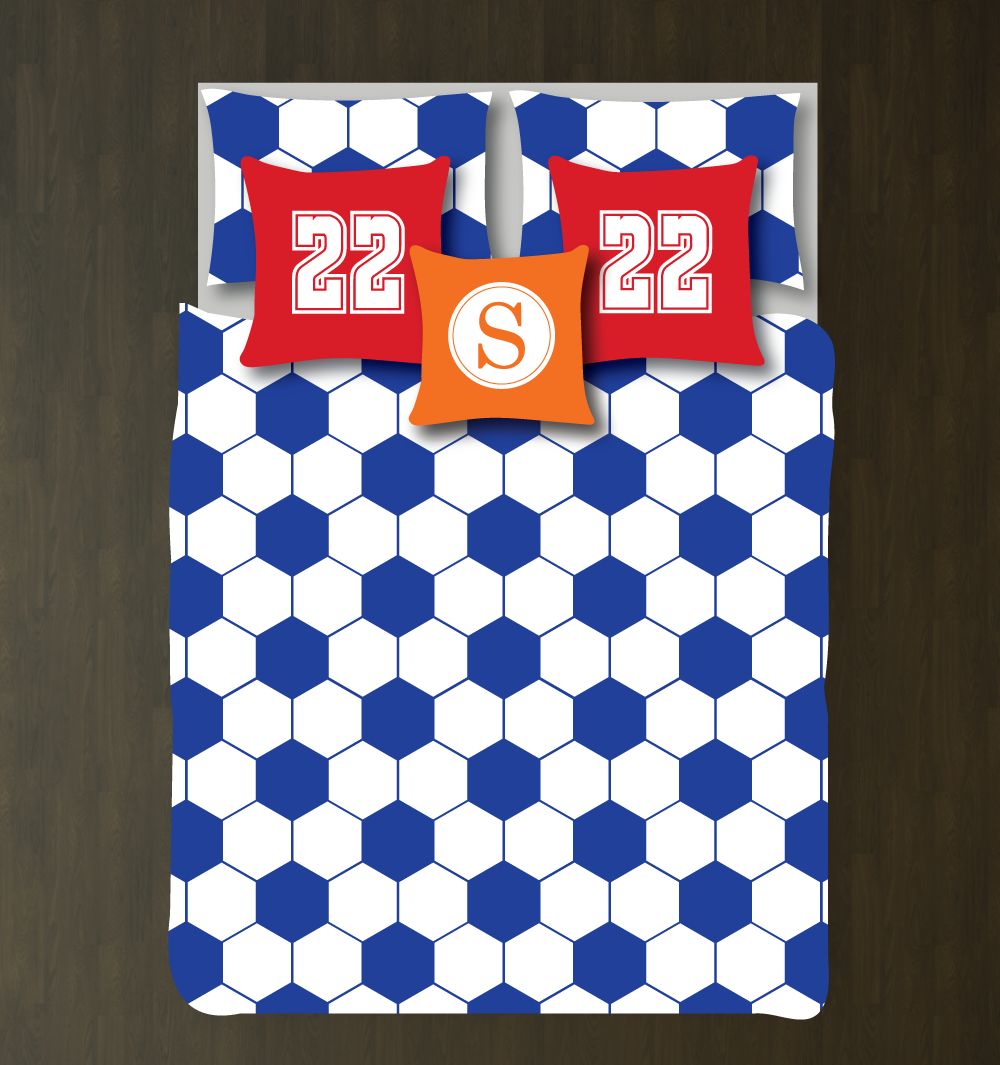 Soccer Ball Hexagon Customized Royal Blue And White Duvet Cover Bedding Set