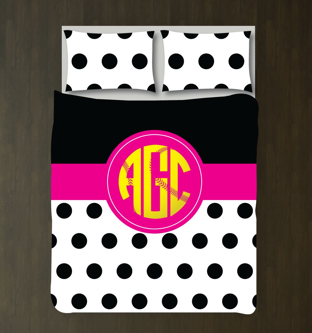 Softball With Circle Monogram Customized Black, Hot Pink, Yellow And White Duvet Cover Bedding Set