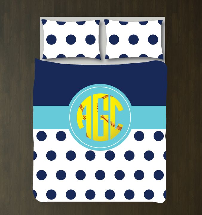 Softball With Circle Monogram Customized Navy Blue, Aqua, Red, Yellow And White Duvet Cover Bedding Set
