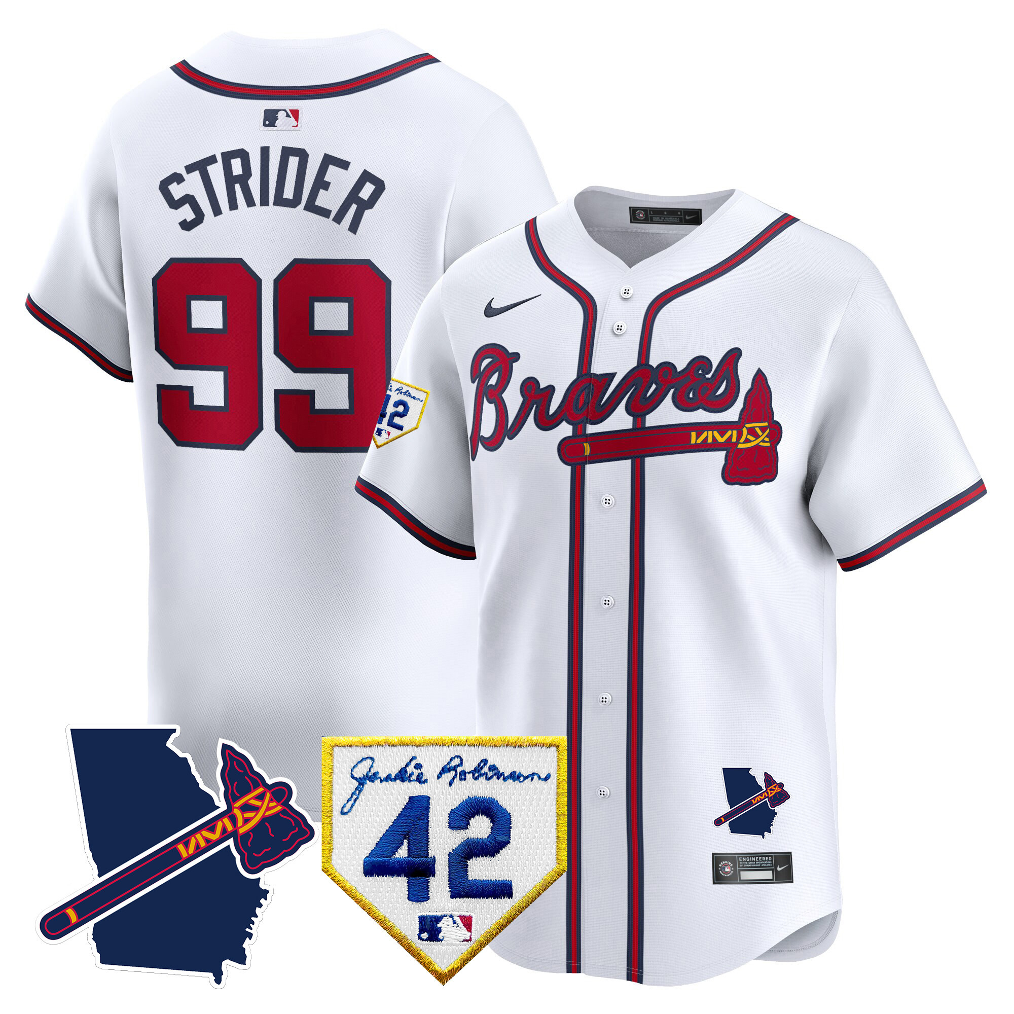 Spencer Strider Men's Atlanta Braves 2024 Robinson & Georgia Patch Vapor Premier Limited White Jersey - All Stitched