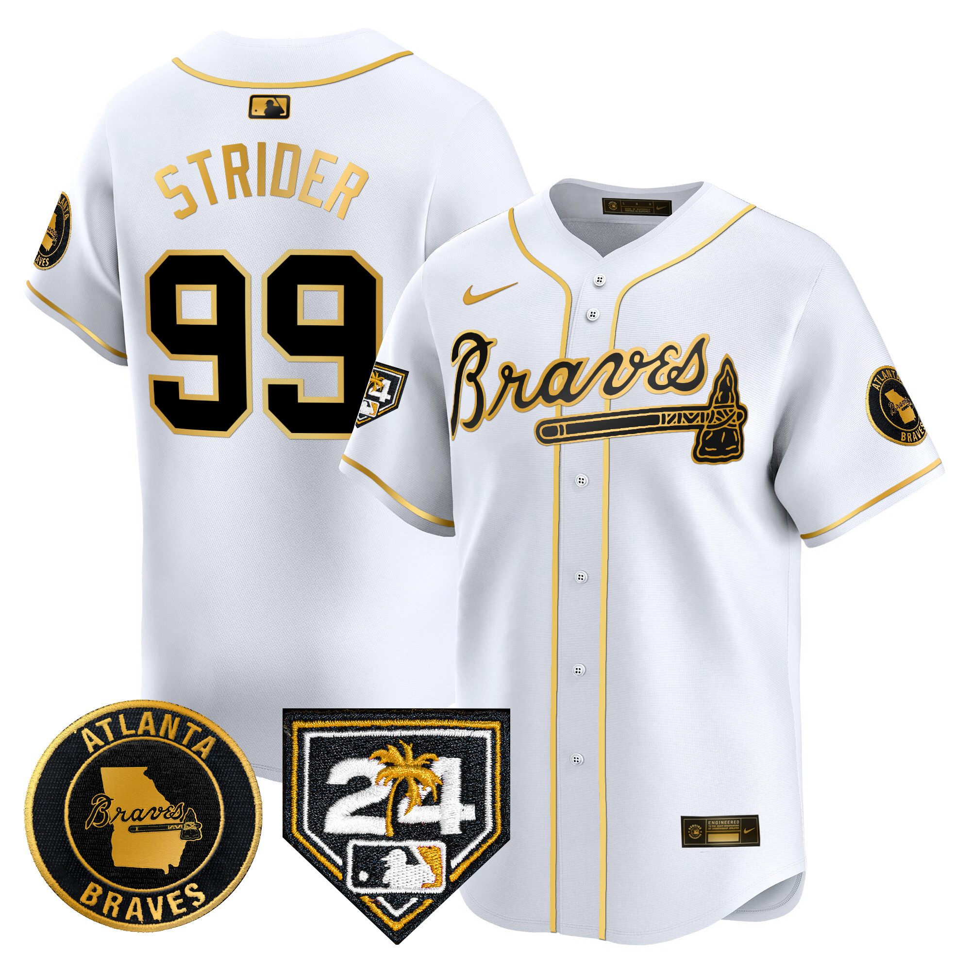 Spencer Strider Men's Atlanta Braves 2024 Spring Training Patch Vapor Premier Limited White Gold Jersey - All Stitched