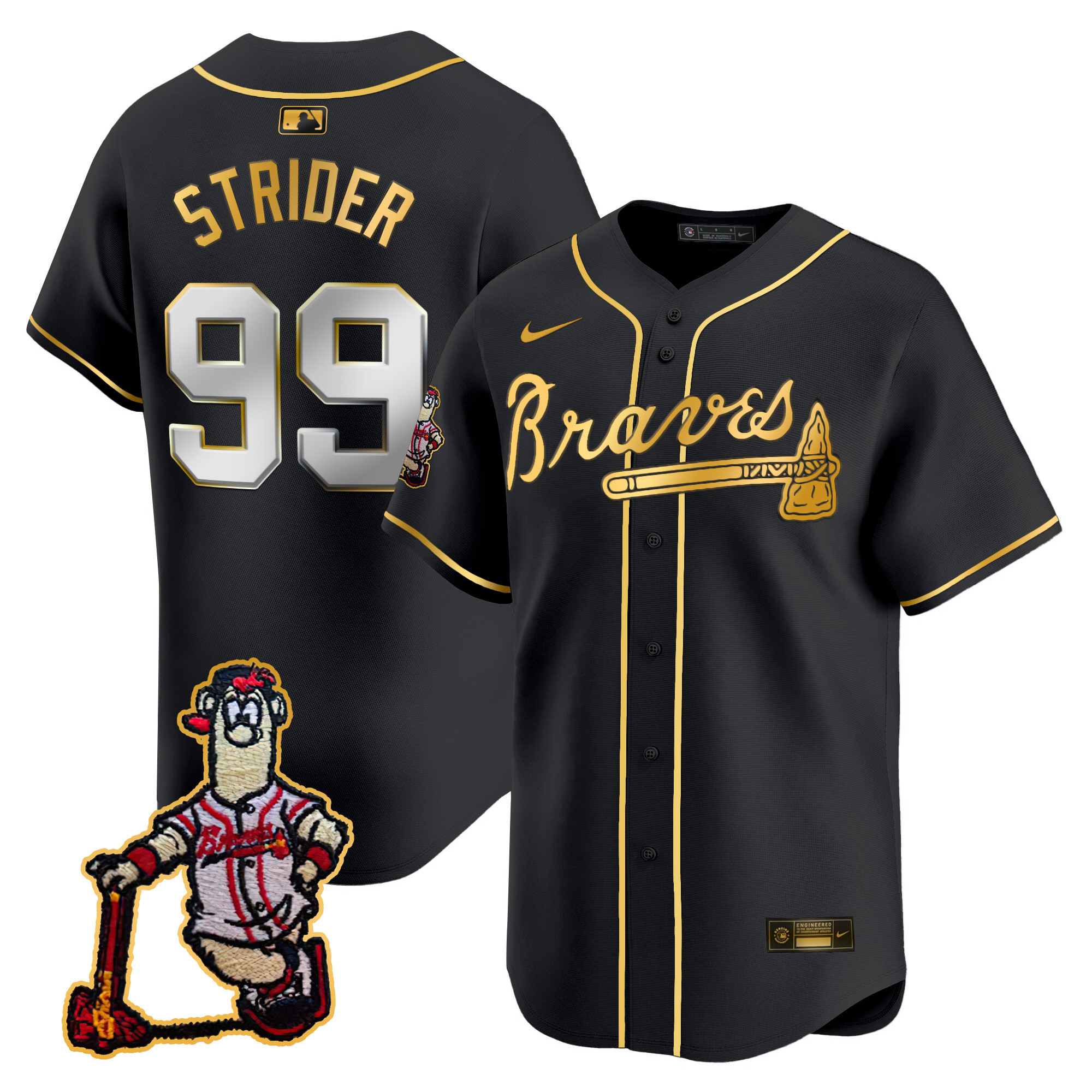 Spencer Strider Men's Atlanta Braves Blooper Patch Vapor Premier Limited Black Gold Jersey - All Stitched