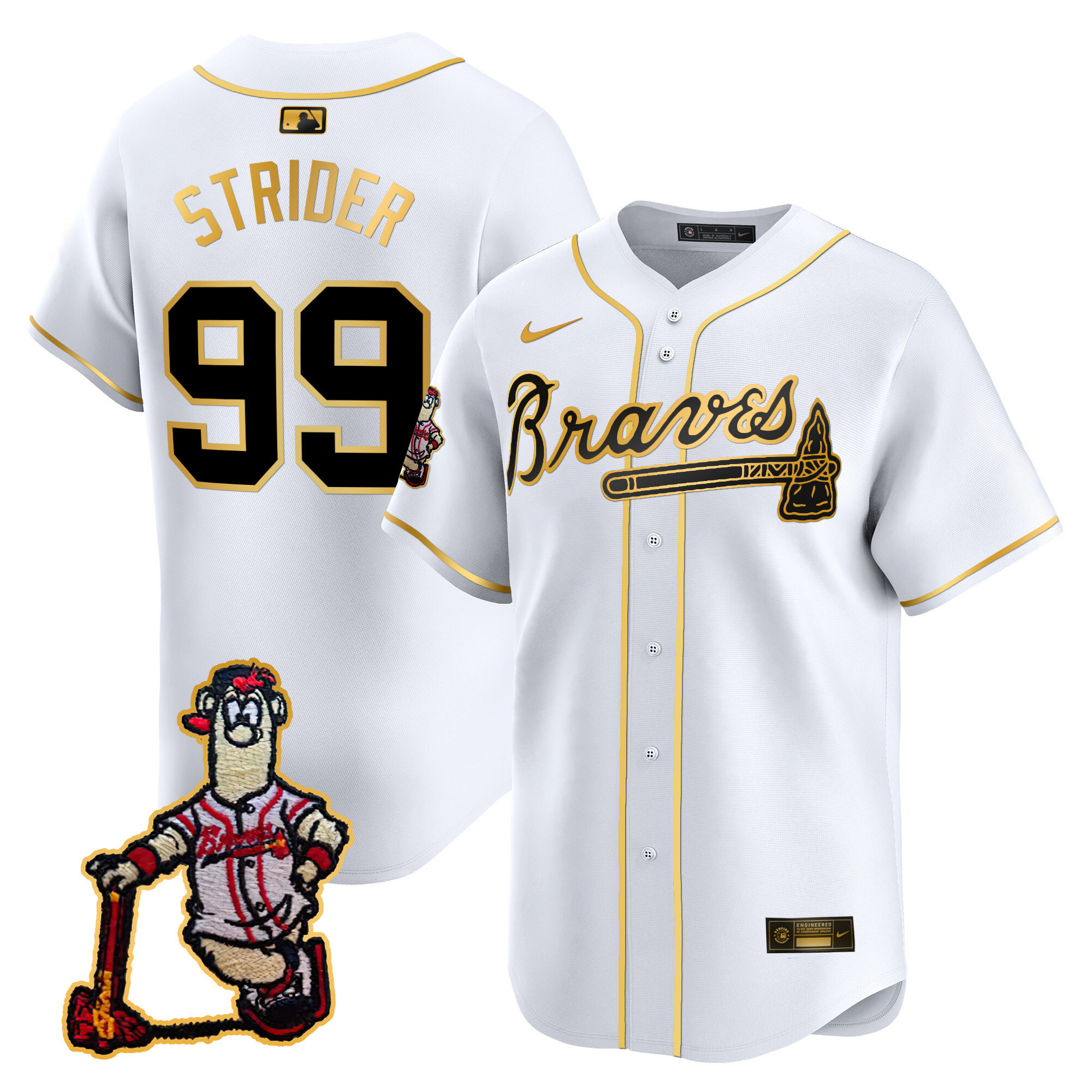 Spencer Strider Men's Atlanta Braves Blooper Patch Vapor Premier Limited White Gold Jersey - All Stitched