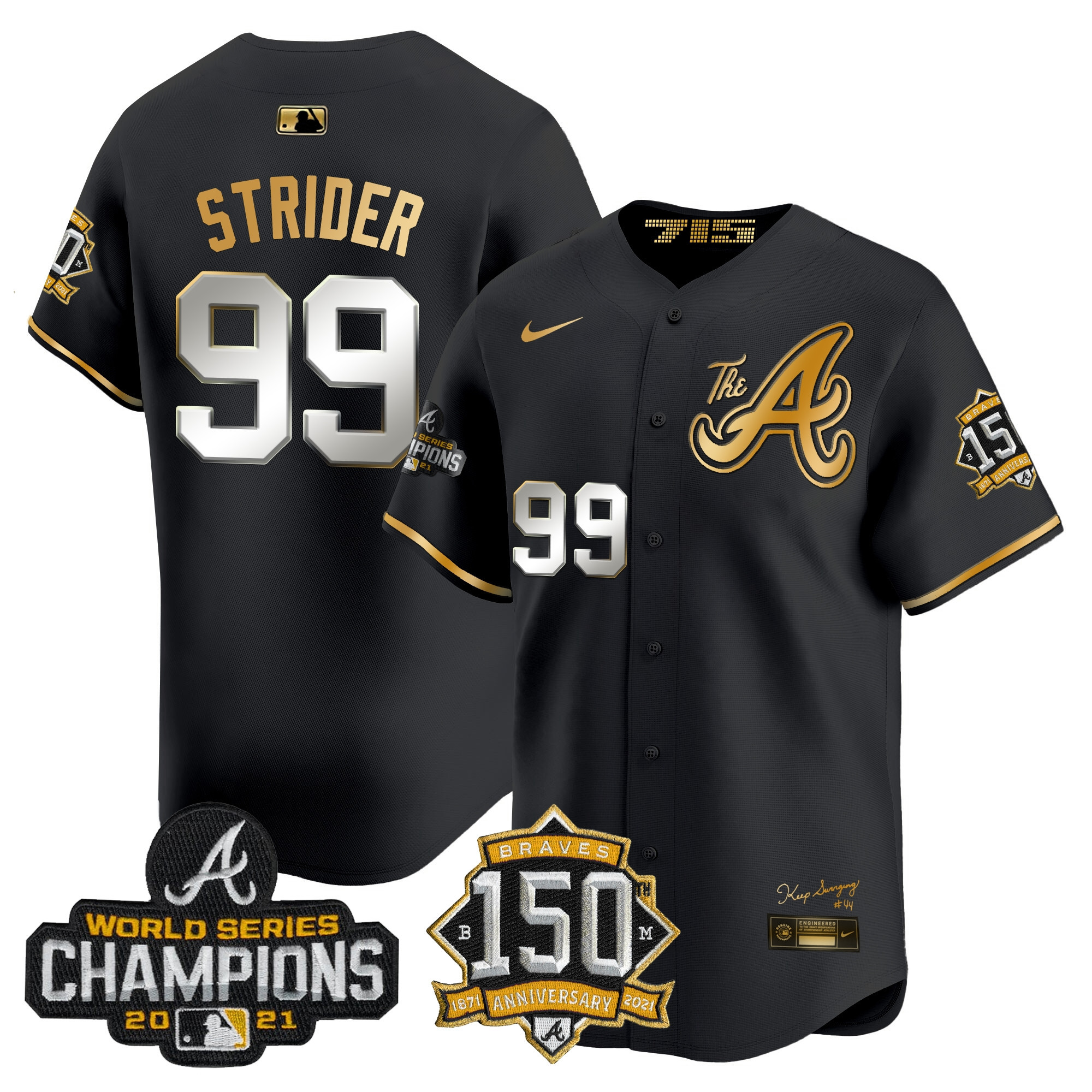 Spencer Strider Men's Atlanta Braves Champions & 150th Patch Vapor Premier Limited Black Gold Jersey - All Stitched