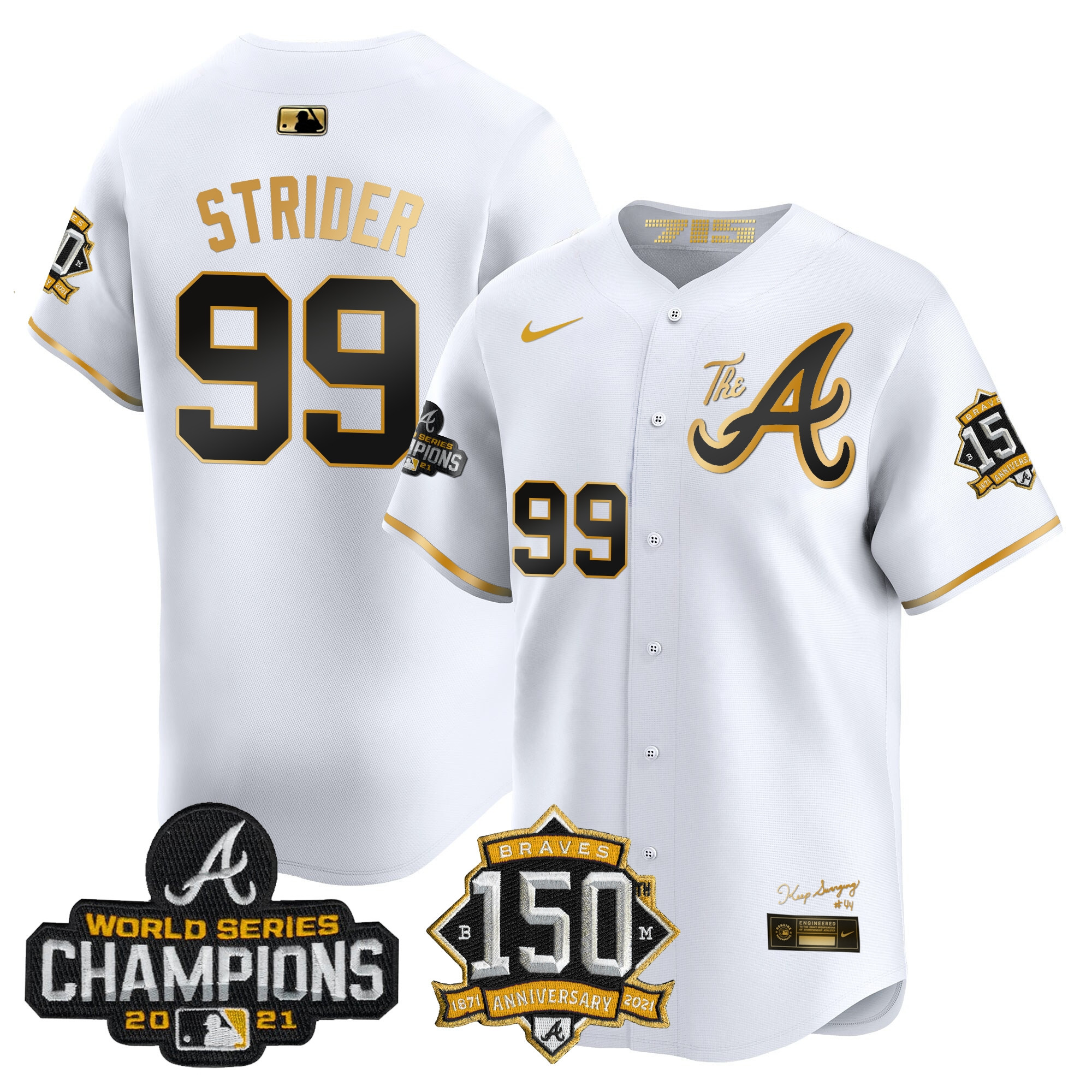 Spencer Strider Men's Atlanta Braves Champions & 150th Patch Vapor Premier Limited White Gold Jersey - All Stitched