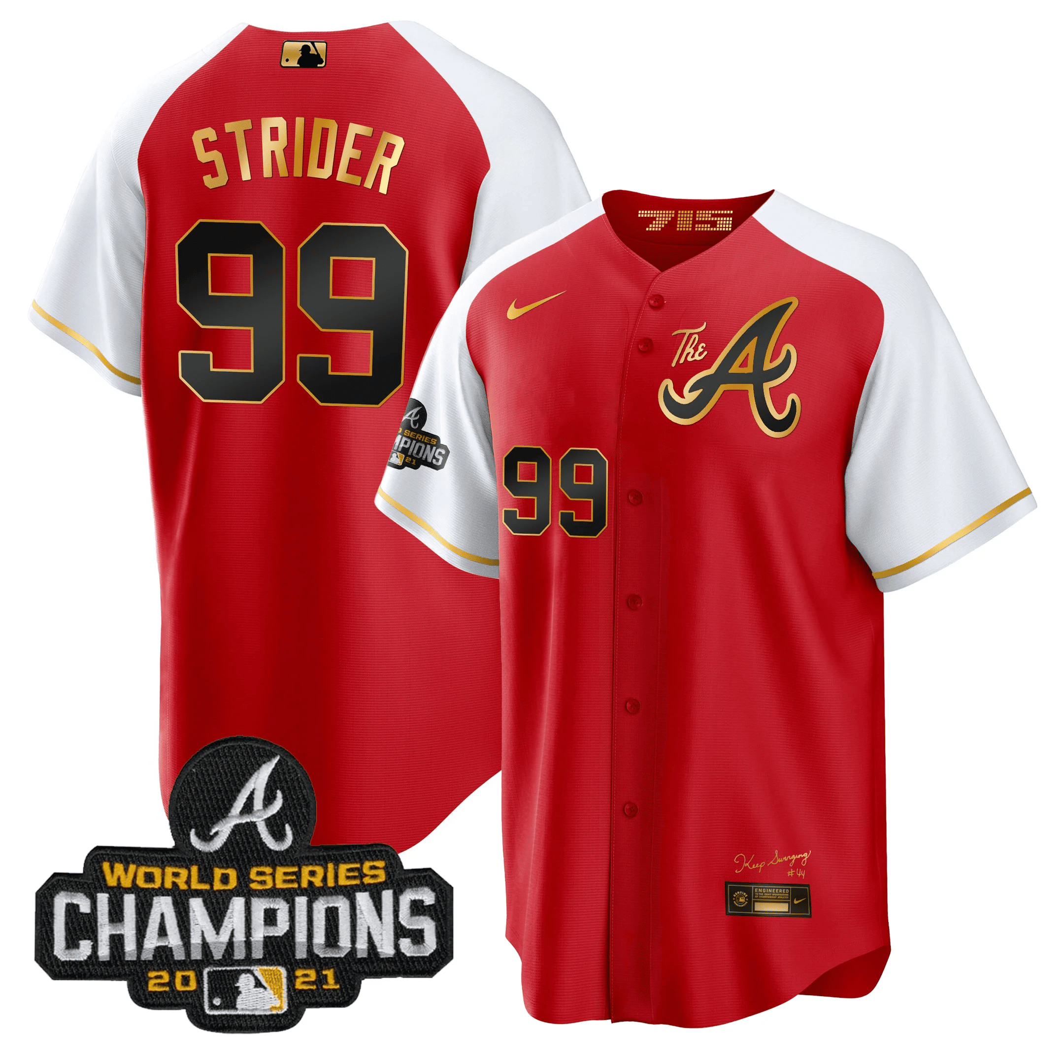 Spencer Strider Men's Atlanta Braves Champions Alternate Gold Cool Base Red Jersey - All Stitched