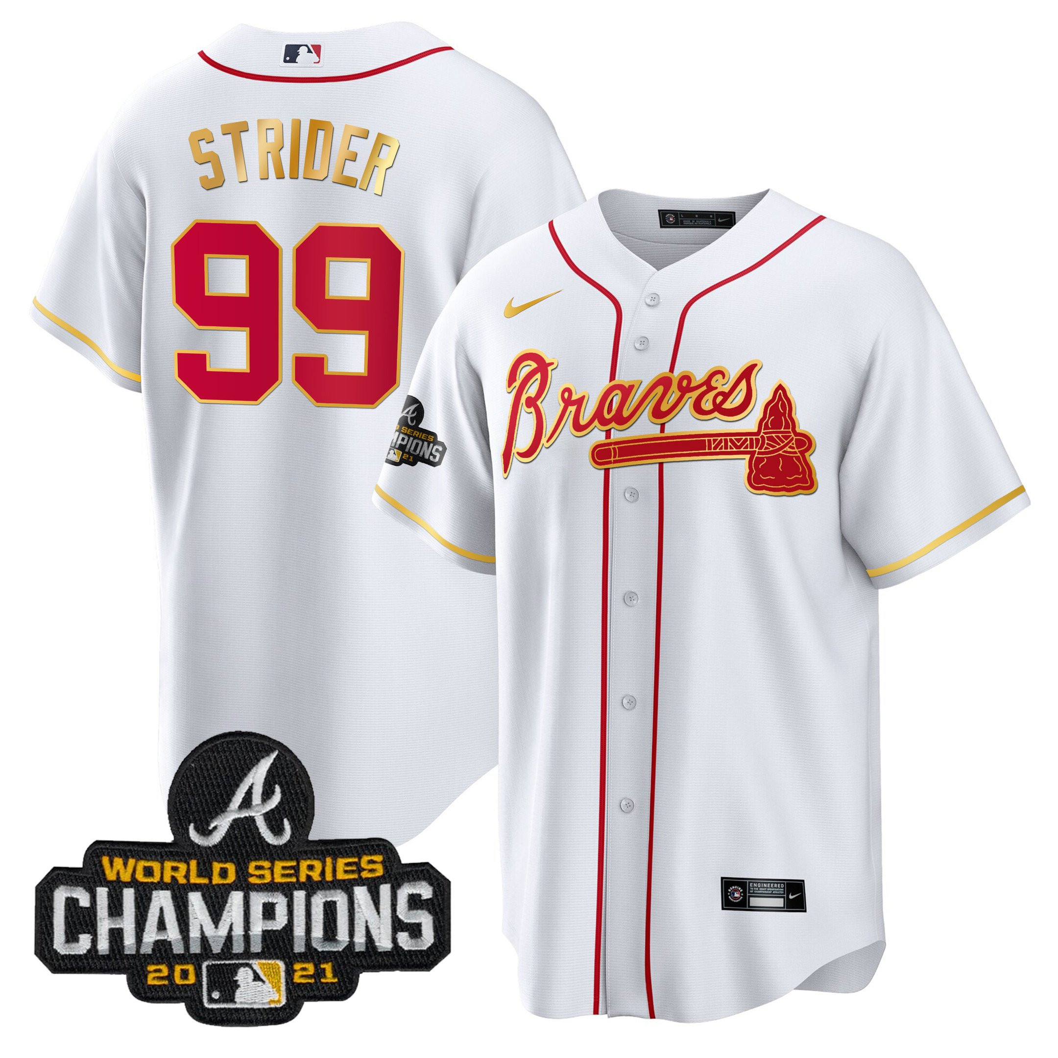Spencer Strider Men's Atlanta Braves Champions Patch Gold Trim Cool White Jersey - All Stitched