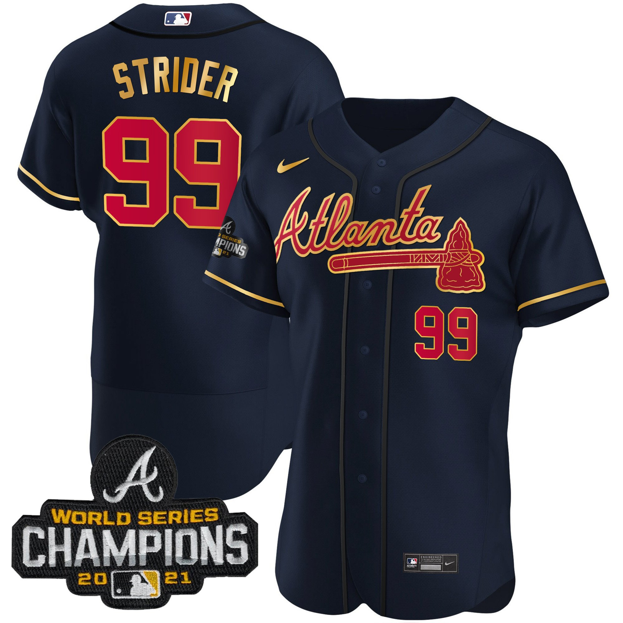 Spencer Strider Men's Atlanta Braves Champions Patch Gold Trim Flex Navy Jersey - All Stitched