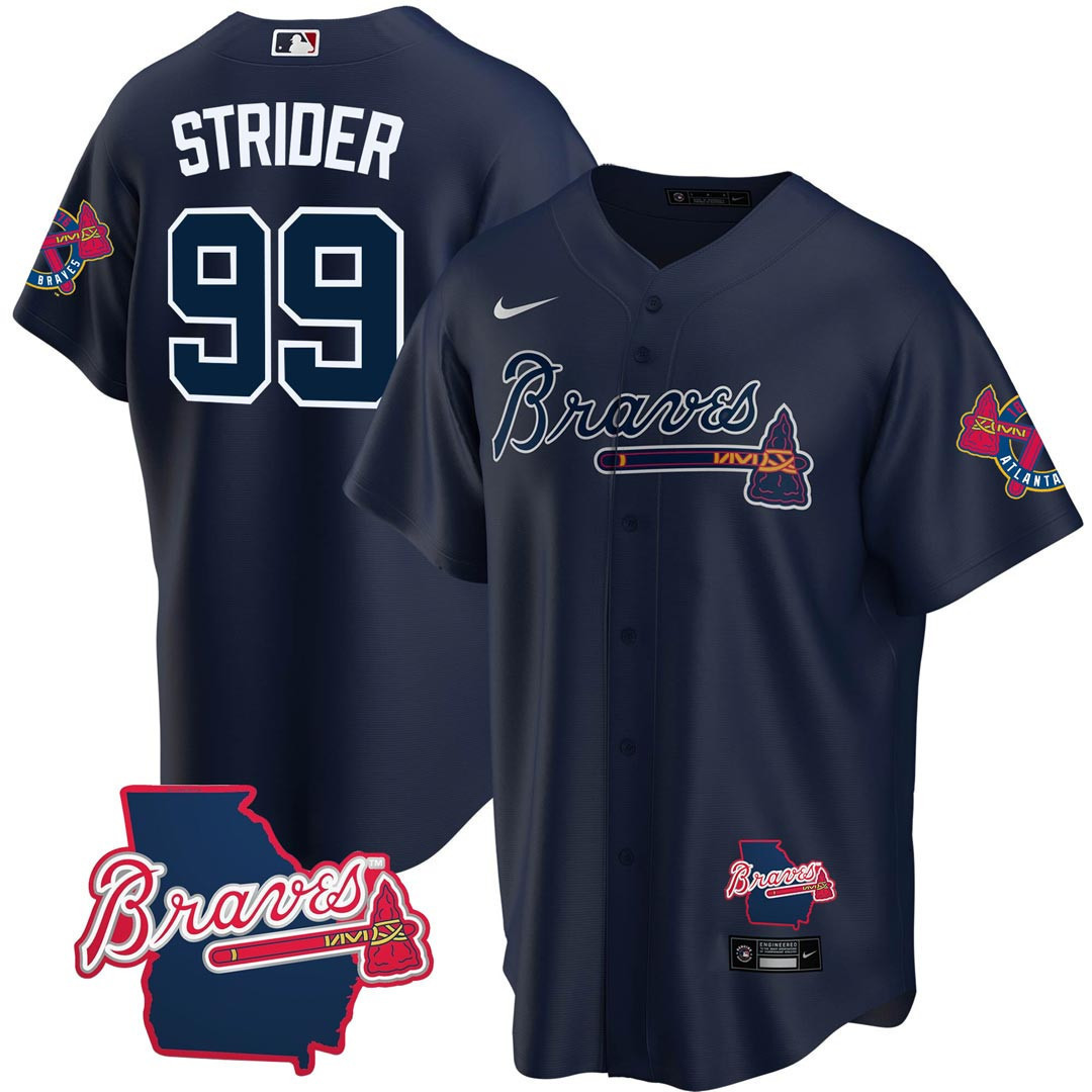 Spencer Strider Men's Atlanta Braves Georgia State Patch - Navy Cool Base  Jersey - All Stitched