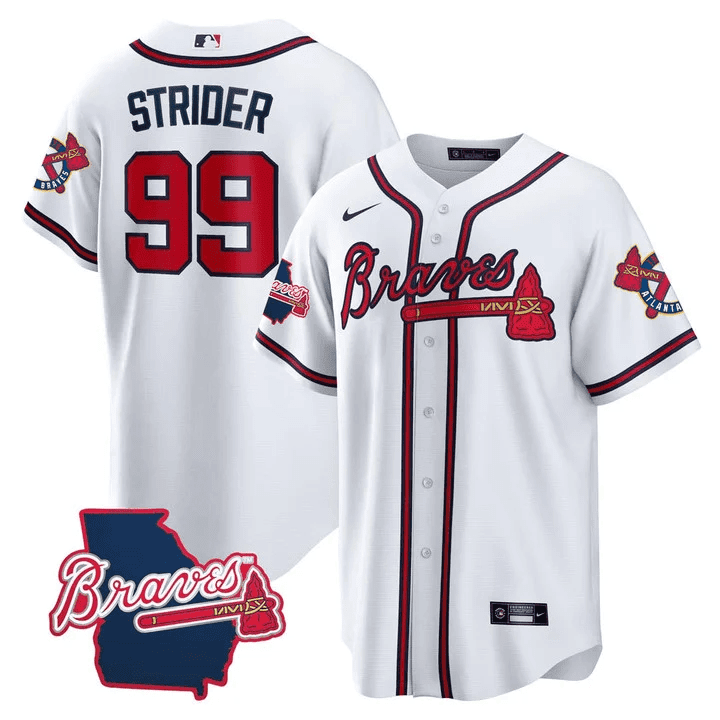 Spencer Strider Men's Atlanta Braves Georgia State Patch - White Cool Base Jersey - All Stitched