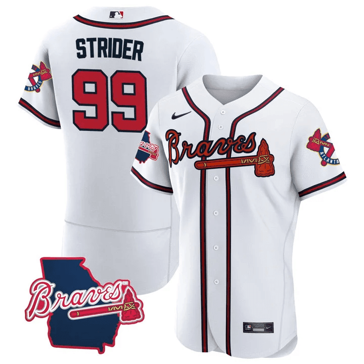 Spencer Strider Men's Atlanta Braves Georgia State Patch - White Flex Base Jersey - All Stitched