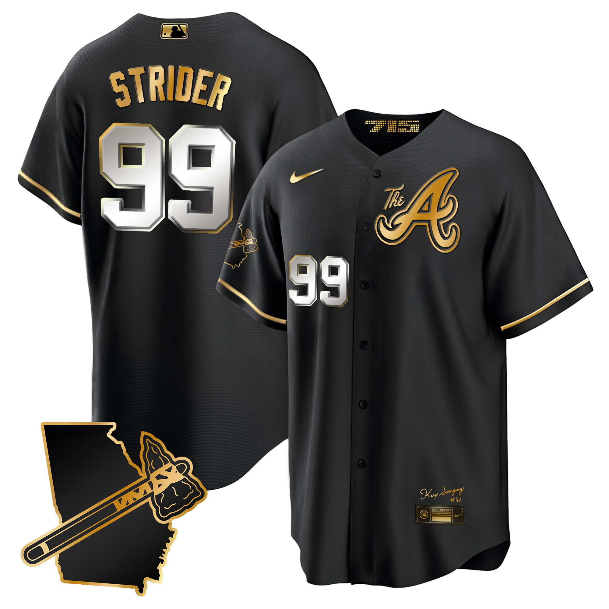 Spencer Strider Men's Atlanta Braves The A Gold Cool Base - Georgia Patch Black Gold Jersey - All Stitched