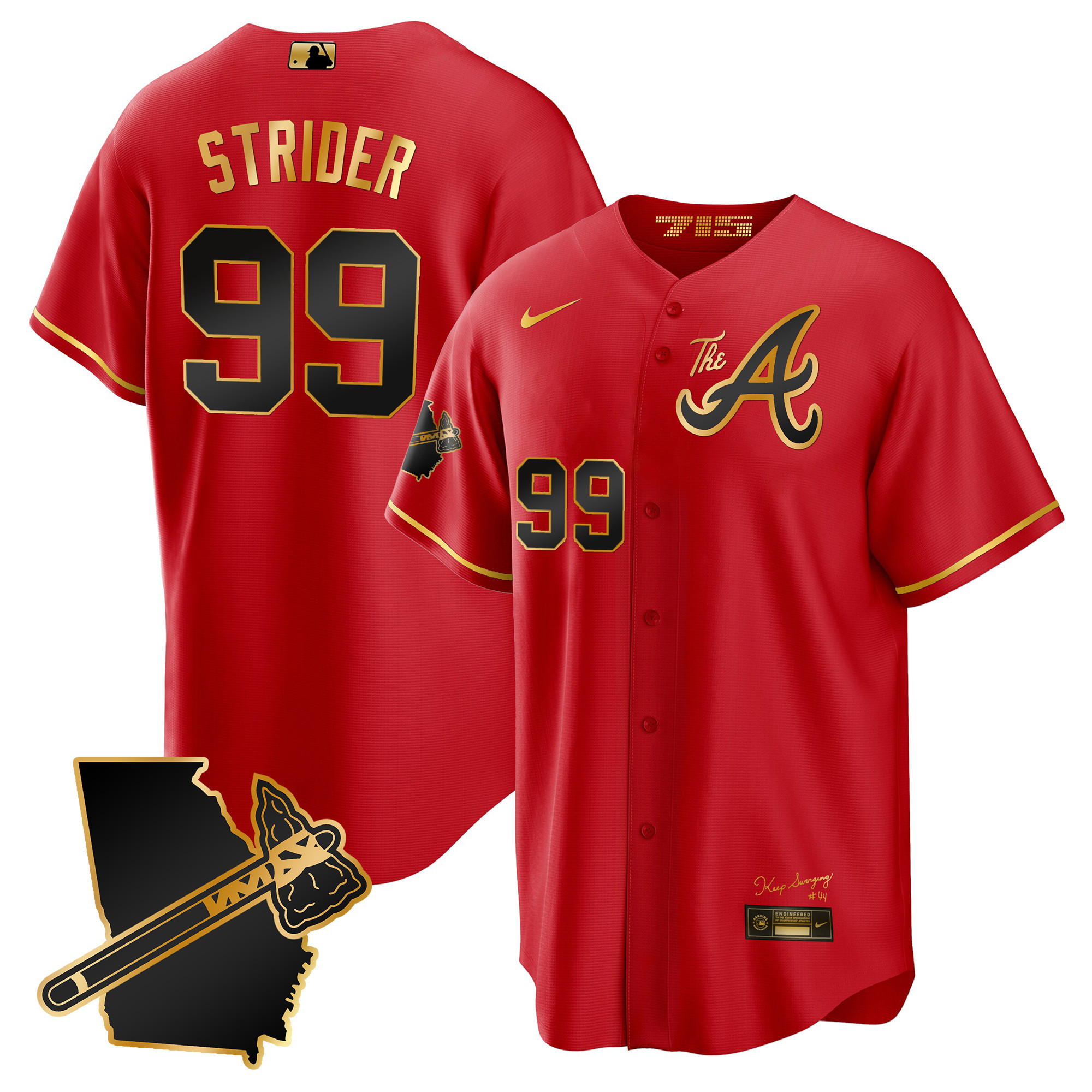 Spencer Strider Men's Atlanta Braves The A Gold Cool Base - Georgia Patch Red Gold Jersey - All Stitched