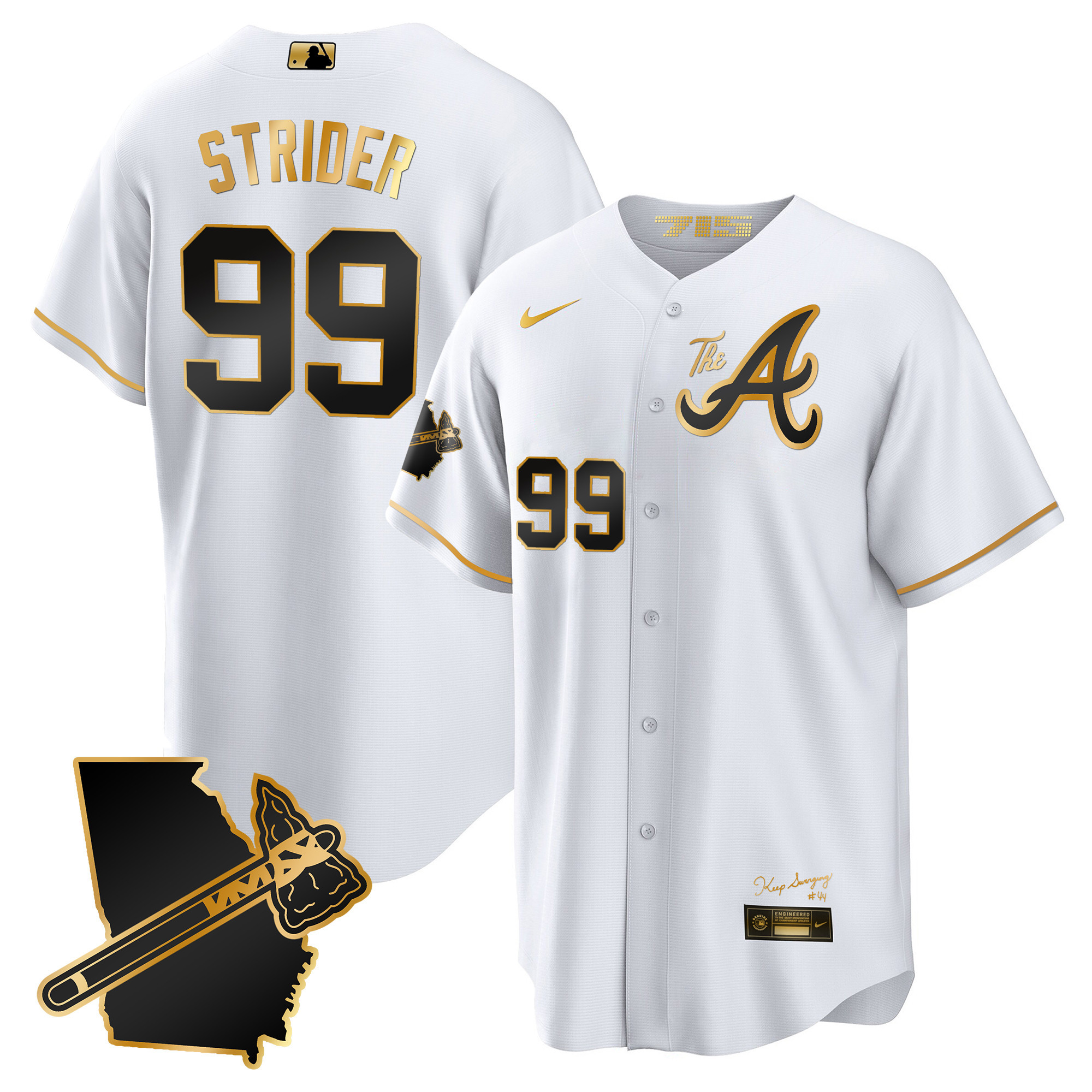 Spencer Strider Men's Atlanta Braves The A Gold Cool Base - Georgia Patch White Gold Jersey - All Stitched