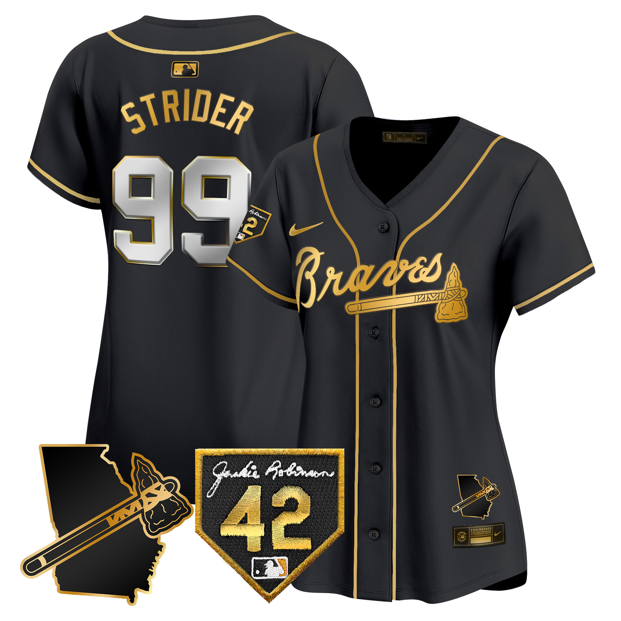 Spencer Strider Women's Atlanta Braves 2024 Robinson & Georgia Patch Vapor Premier Limited Black Gold Jersey - All Stitched