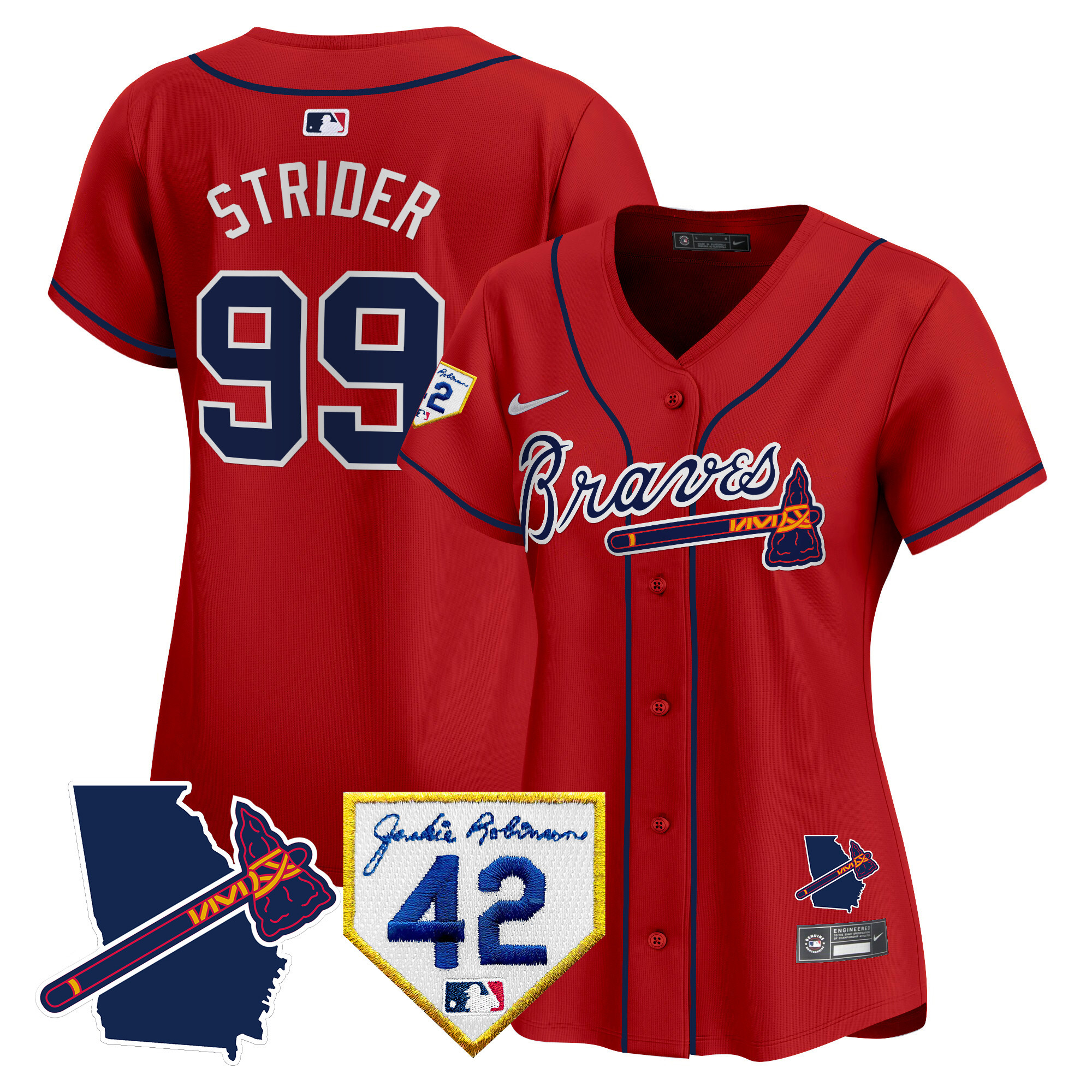 Spencer Strider Women's Atlanta Braves 2024 Robinson & Georgia Patch Vapor Premier Limited Red Jersey - All Stitched