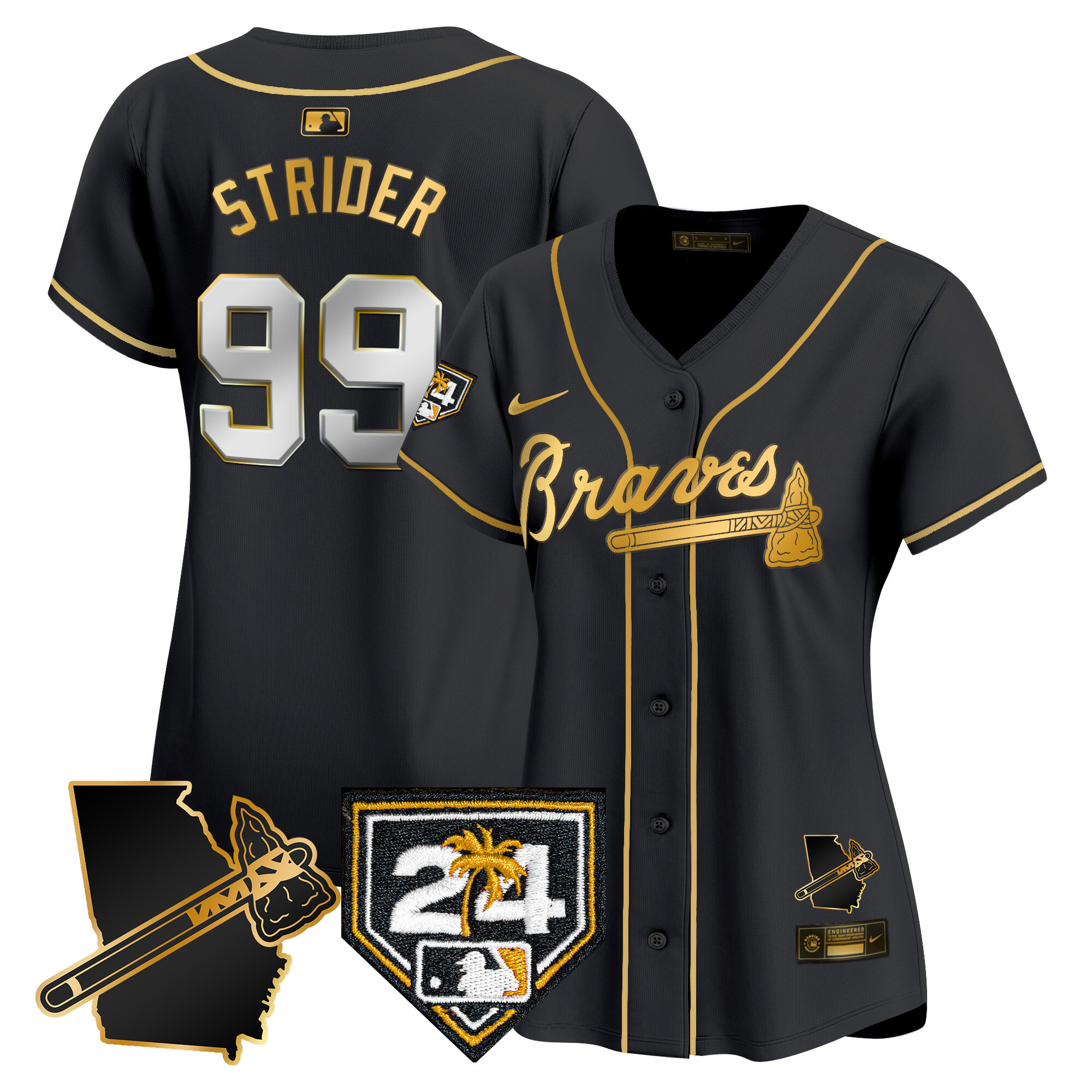 Spencer Strider Women's Atlanta Braves 2024 Spring Training & Georgia Patch Vapor Premier Limited Black Gold Jersey - All Stitched
