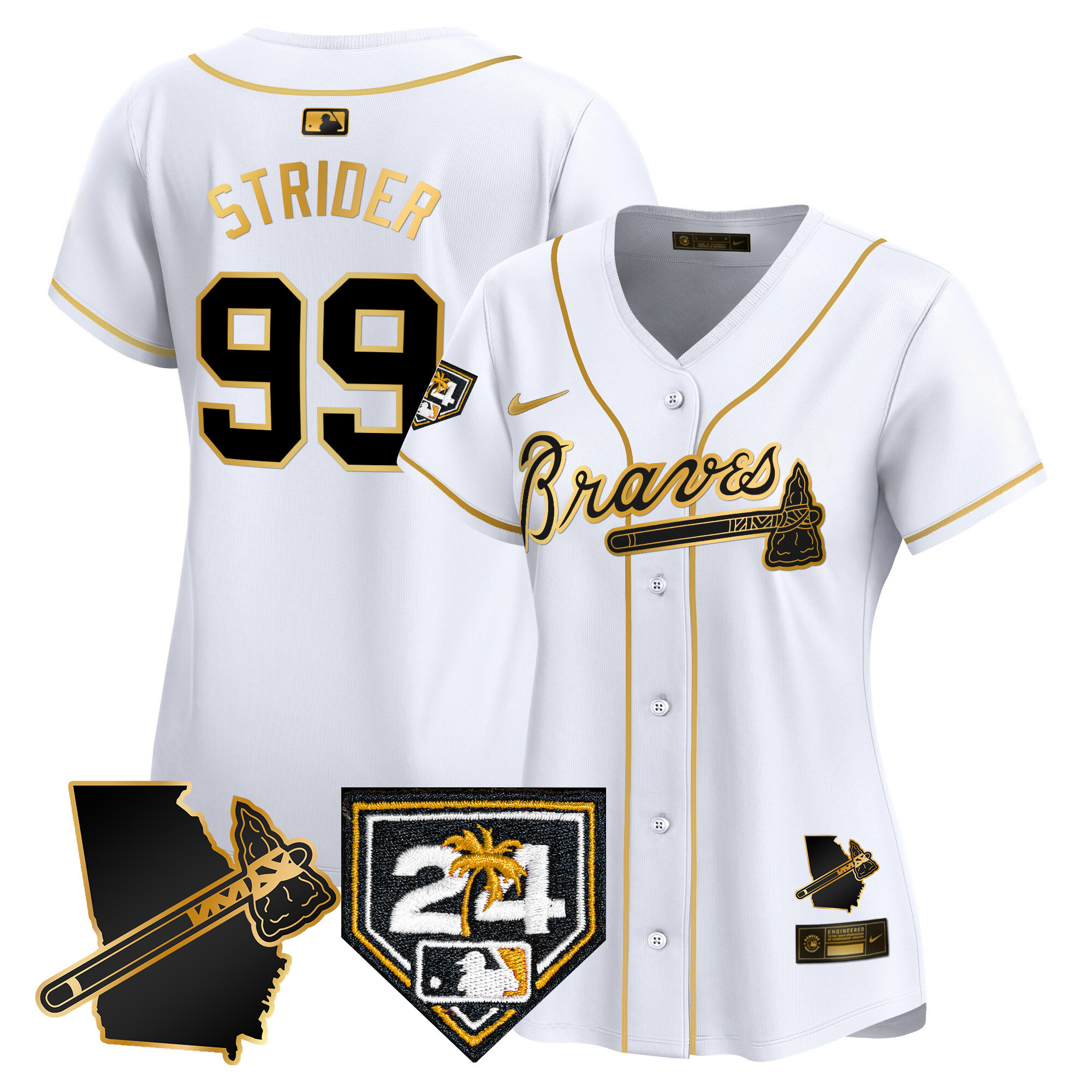 Spencer Strider Women's Atlanta Braves 2024 Spring Training & Georgia Patch Vapor Premier Limited White Gold Jersey - All Stitched
