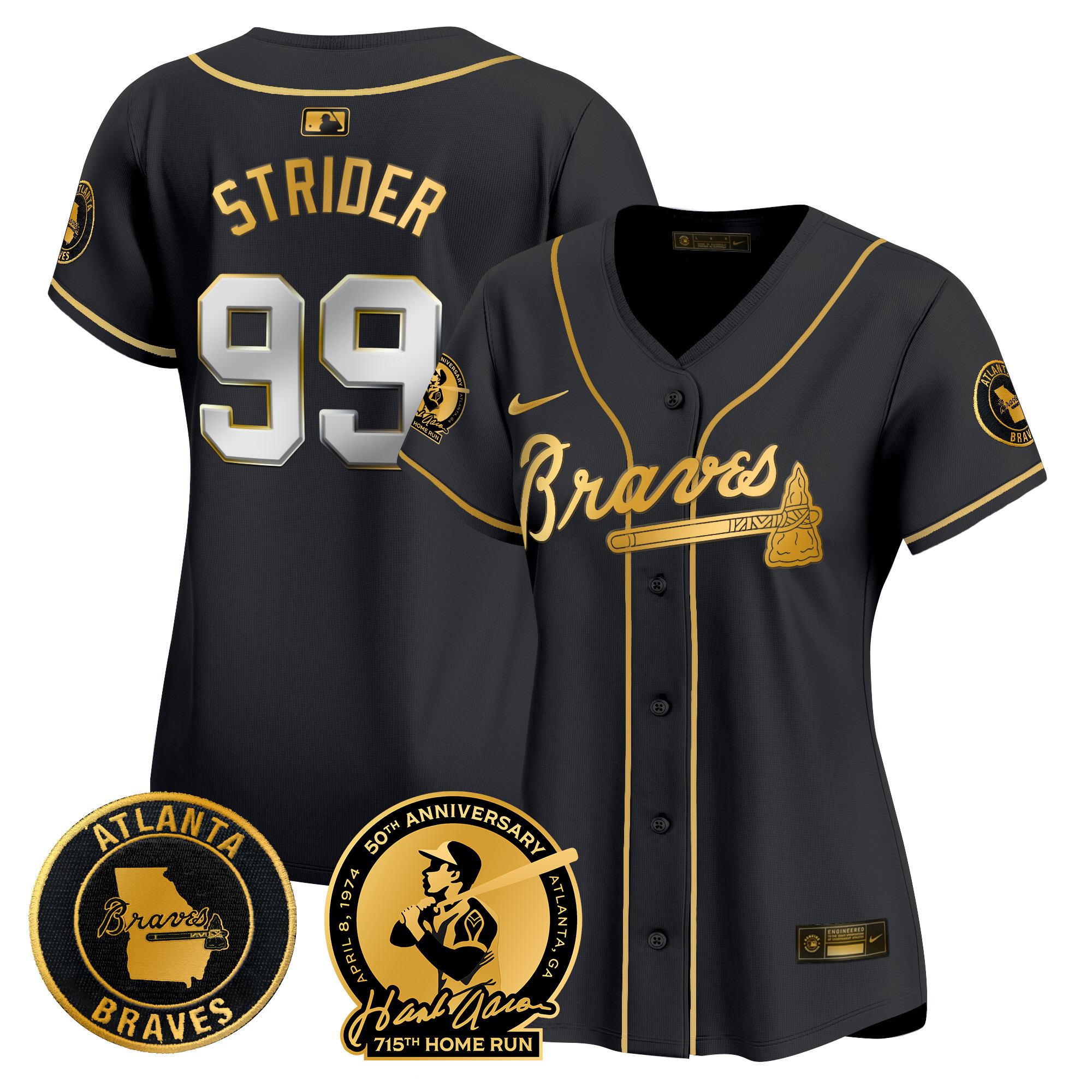 Spencer Strider Women's Atlanta Braves Hank Aaron 715th Home Run Patch Vapor Premier Limited Black Gold Jersey - All Stitched