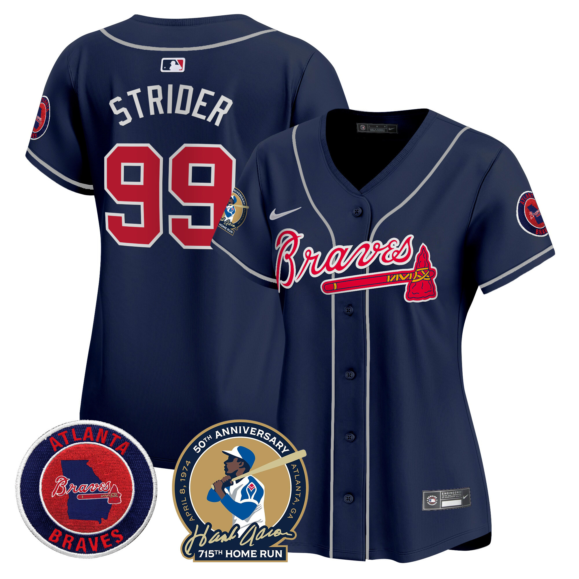 Spencer Strider Women's Atlanta Braves Hank Aaron 715th Home Run Patch Vapor Premier Limited Navy Jersey - All Stitched