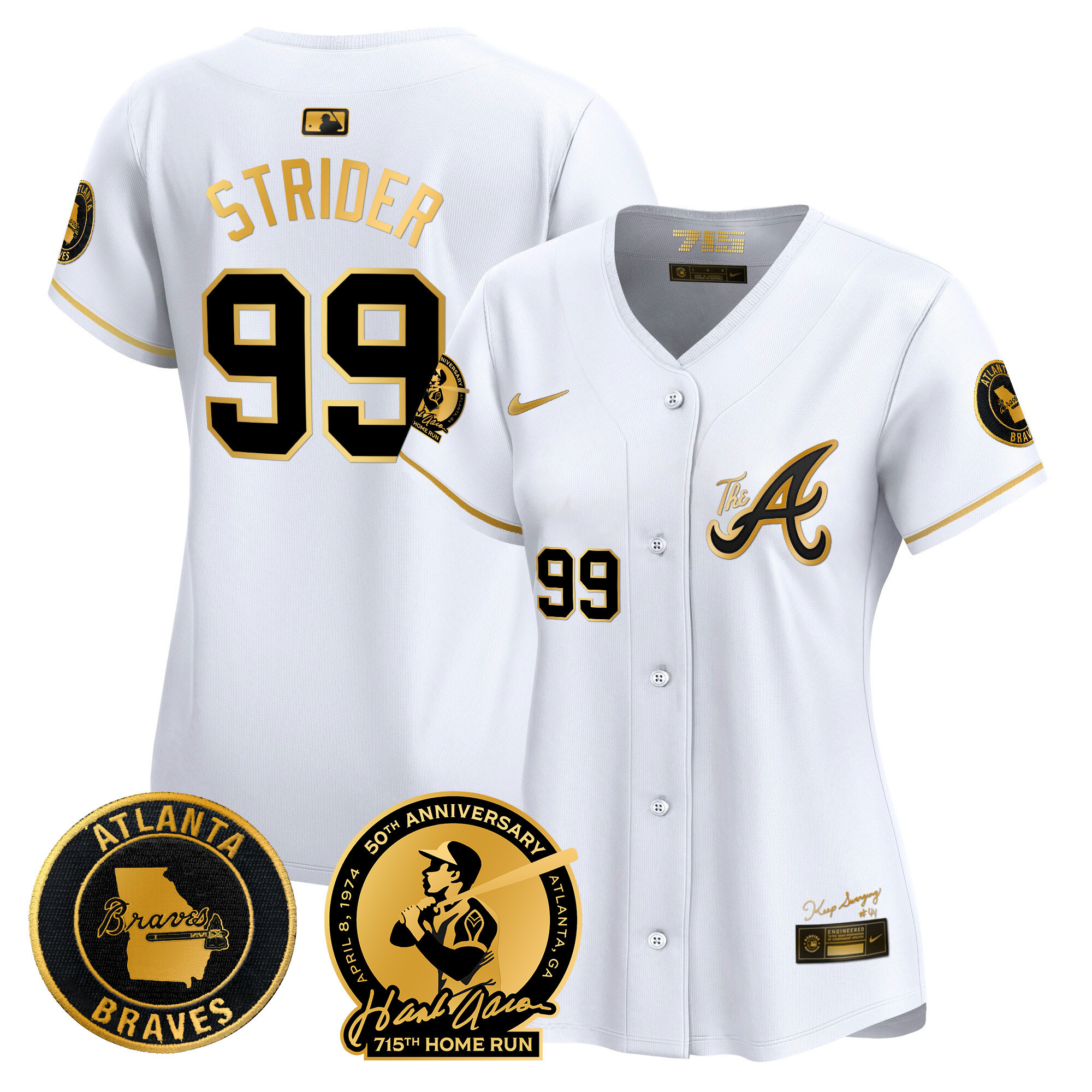 Spencer Strider Women's Atlanta Braves Hank Aaron 715th Home Run Patch Vapor Premier Limited V2 White Gold Jersey - All Stitched