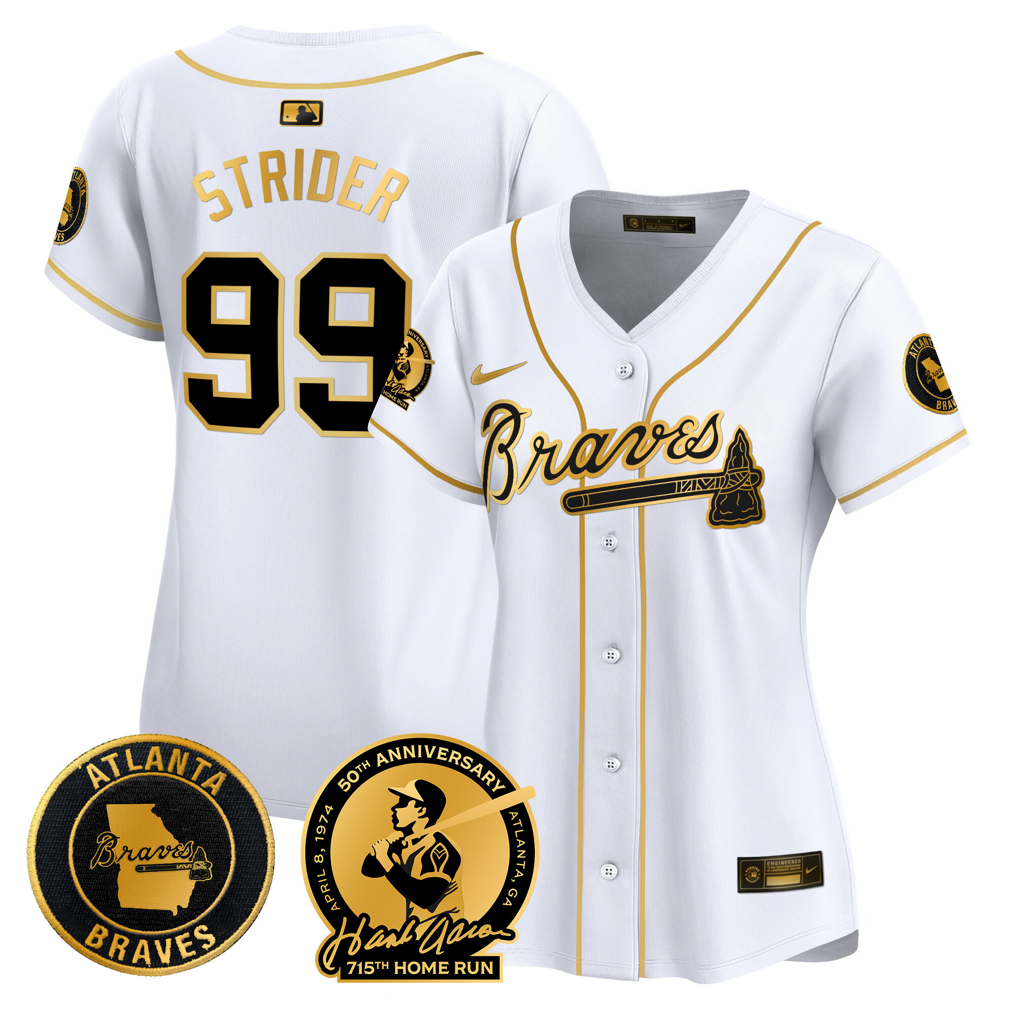 Spencer Strider Women's Atlanta Braves Hank Aaron 715th Home Run Patch Vapor Premier Limited White Gold Jersey - All Stitched