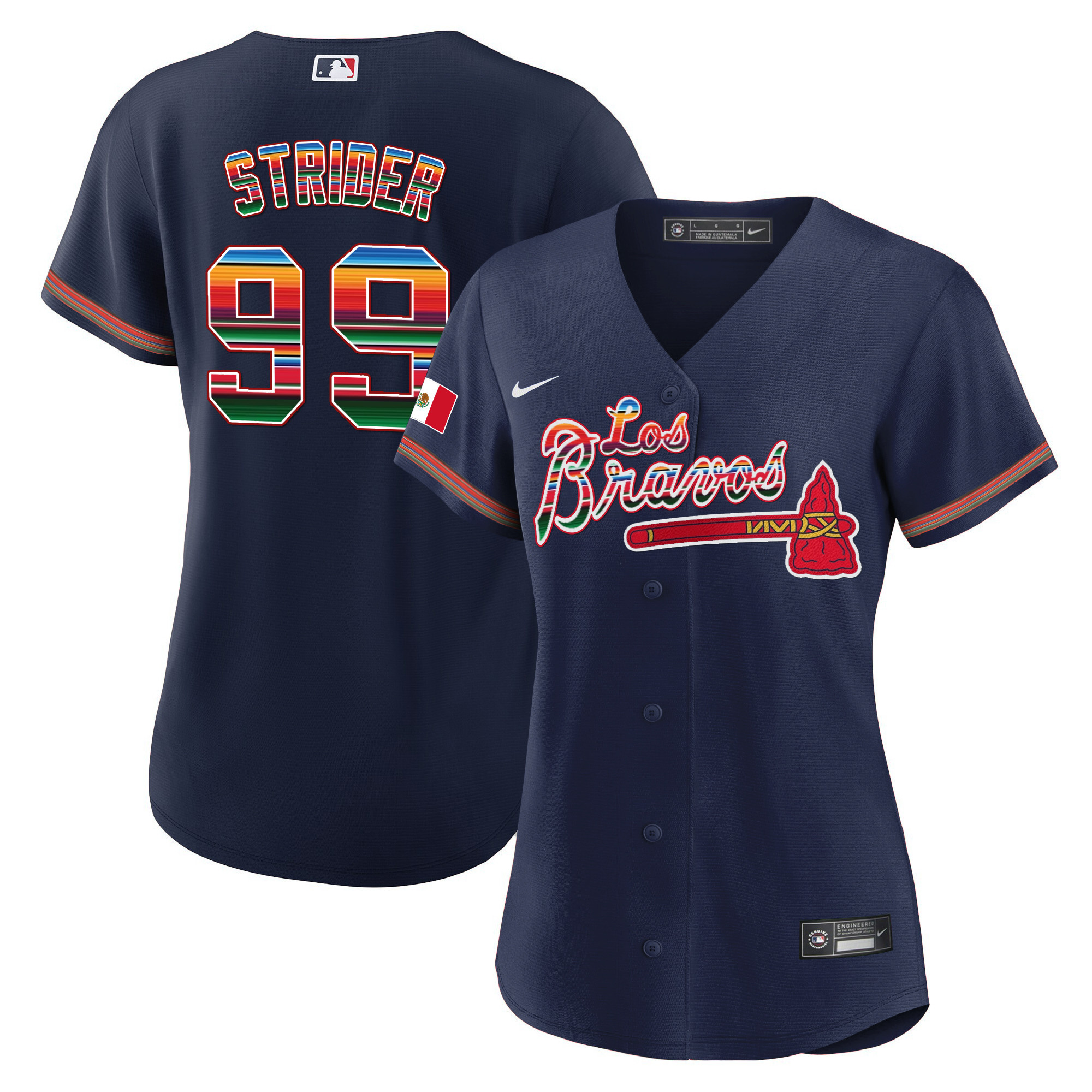 Spencer Strider Women's Atlanta Braves Los Bravos Mexico Navy Jersey - All Stitched