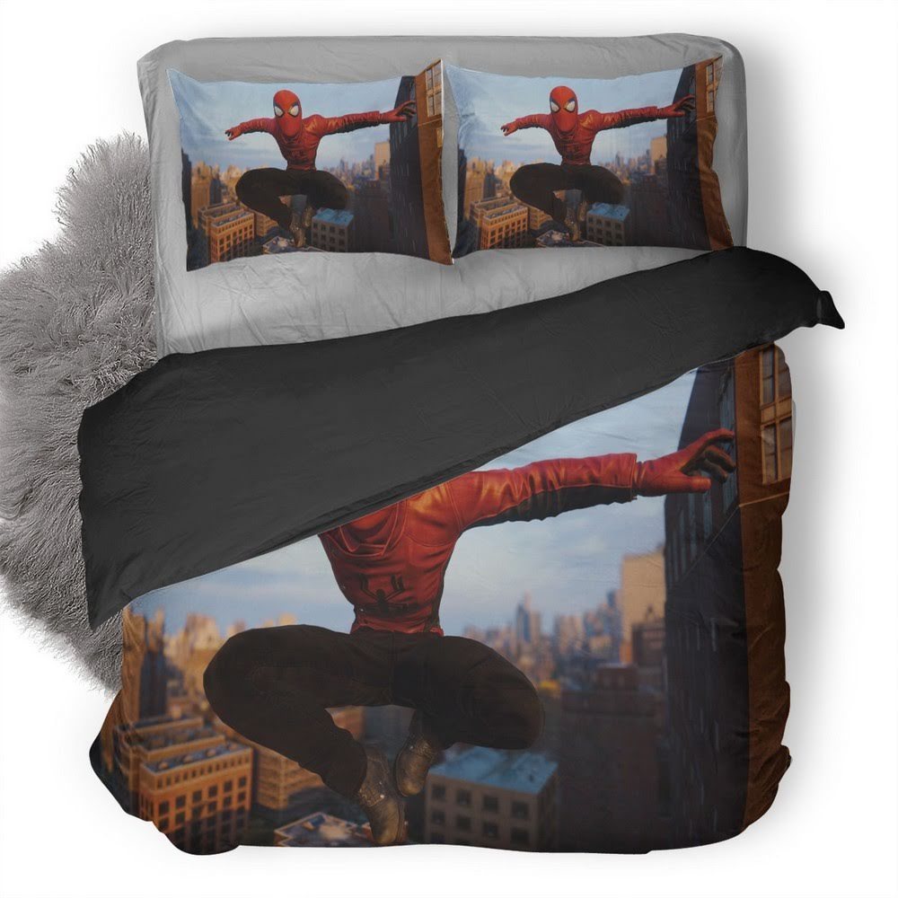 Spider-Man Jumping Wearing Red Spider Jacket 3D Customized Duvet Cover Bedding Set