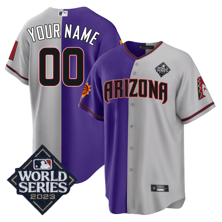 Split Arizona Dbacks - Suns 2023 World Series Patch Custom Jersey - All Stitched - Grey Purple