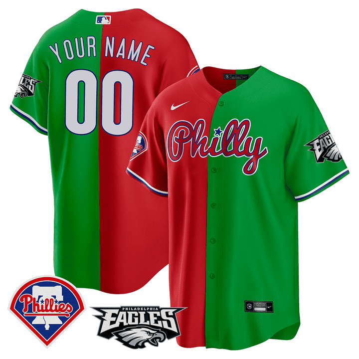 Split Philadelphia Phillies - Eagles Cool Base Custom Red - Green Jersey - All Stitched