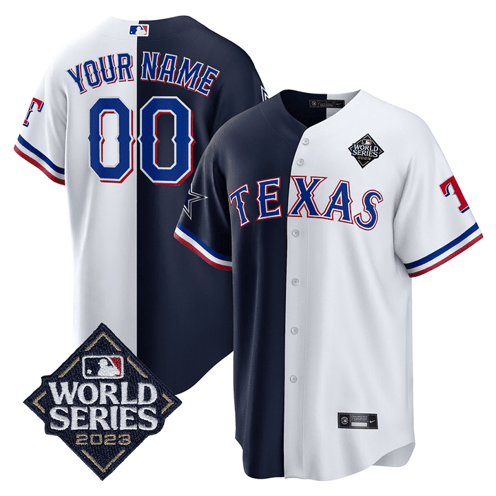 Split Texas Rangers - Cowboys 2023 World Series Patch Cool Base Custom White - Navy Jersey - All Stitched