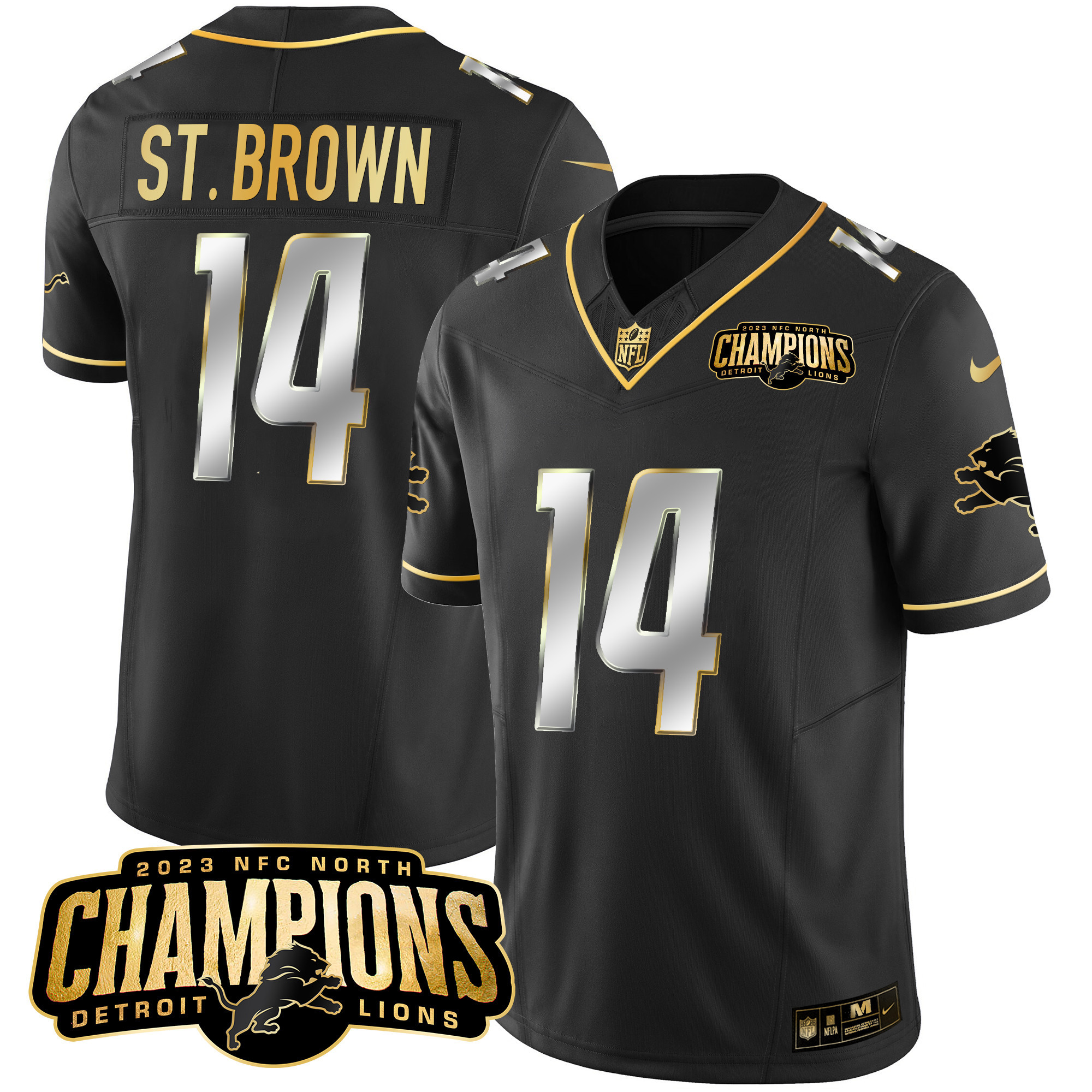 St. Brown Men's Detroit Lions 2023 NFC North Champions Patch Gold Vapor Black Limited Jersey - All Stitched 