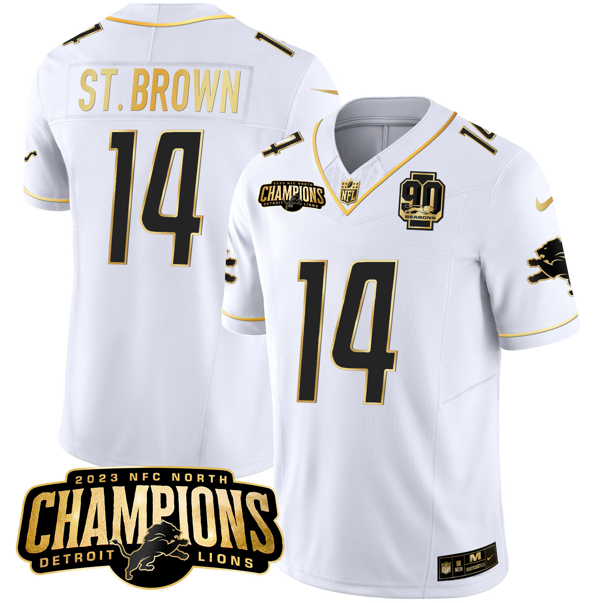 St. Brown Men's Detroit Lions 2023 NFC North Champions Patch Gold Vapor White Gold Jersey - All Stitched 
