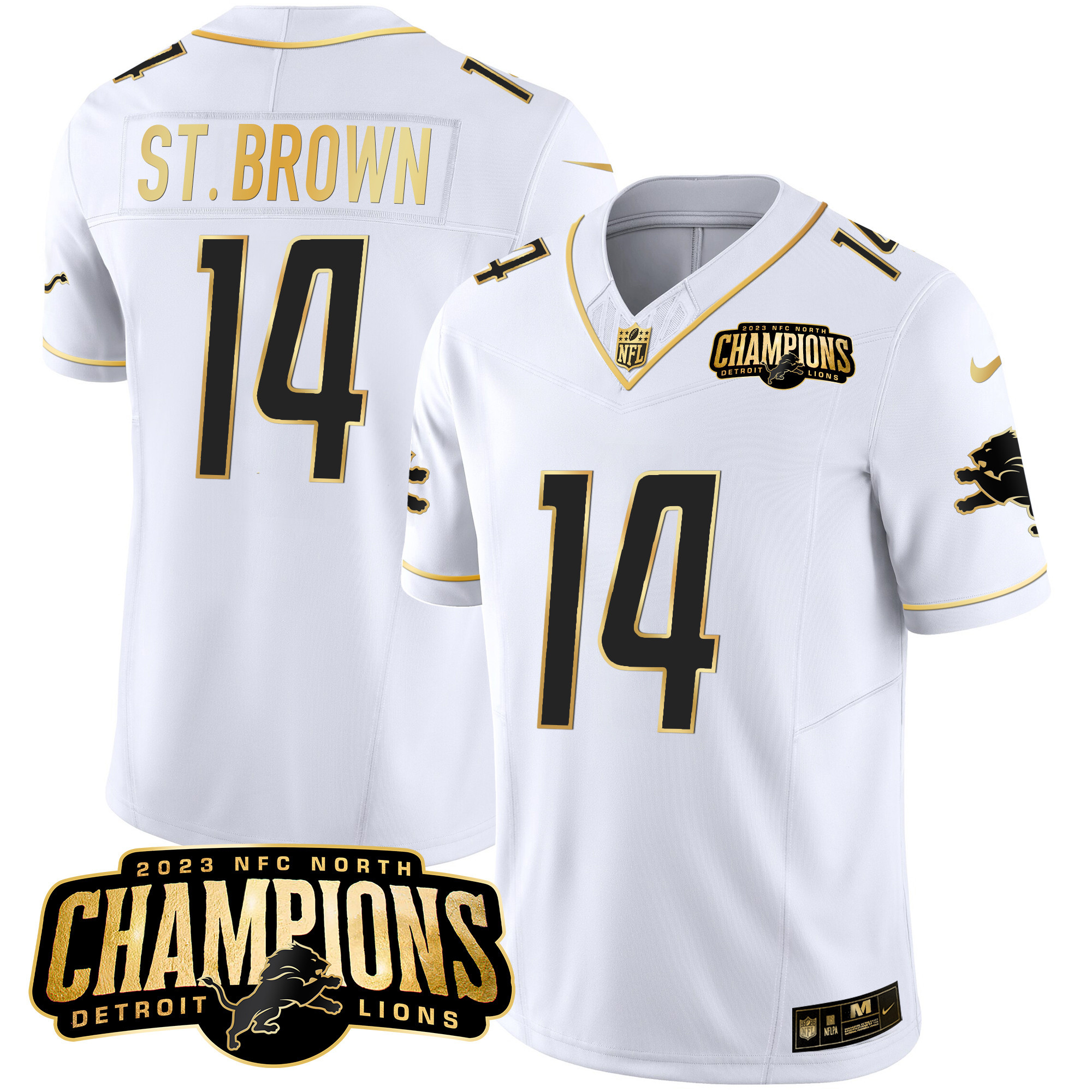 St. Brown Men's Detroit Lions 2023 NFC North Champions Patch Gold Vapor White Gold Jersey - All Stitched 