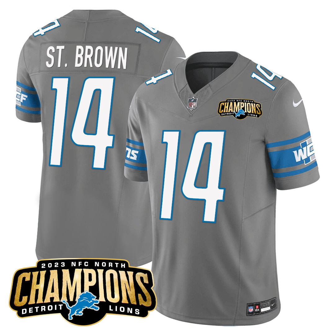 St. Brown Men's Detroit Lions 2023 NFC North Champions Patch Vapor Gray Jersey - All Stitched 