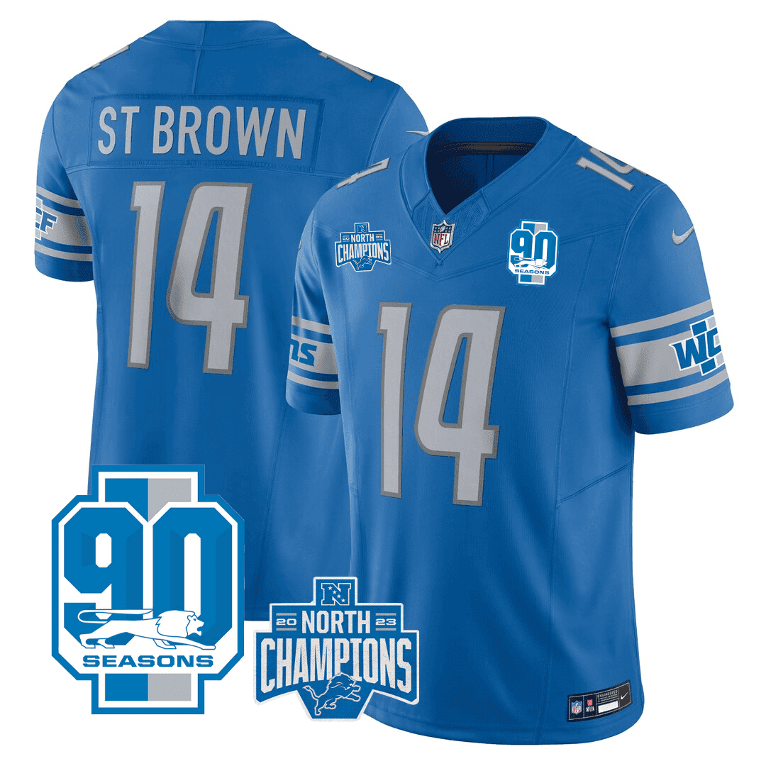 St. Brown Men's Detroit Lions 2023 NFC North Division Champions & 90th Year Patch Vapor Blue Jersey - All Stitched 