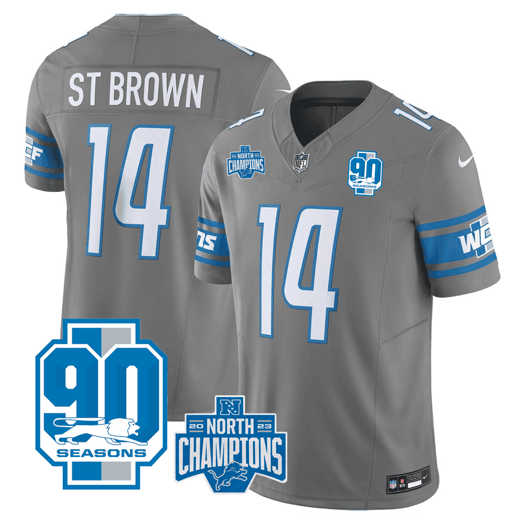 St. Brown Men's Detroit Lions 2023 NFC North Division Champions & 90th Year Patch Vapor Grey Jersey - All Stitched 