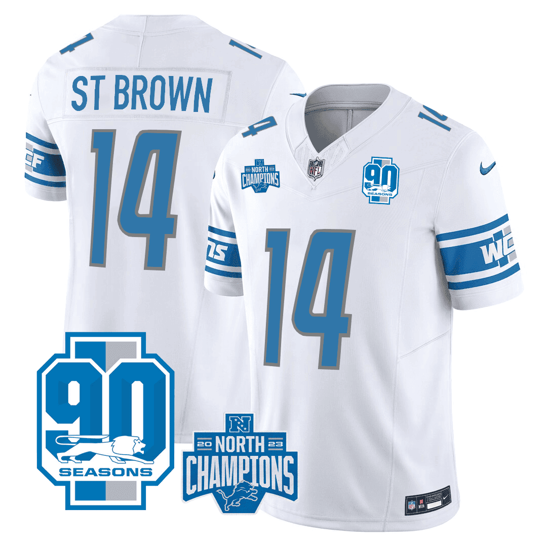 St. Brown Men's Detroit Lions 2023 NFC North Division Champions & 90th Year Patch Vapor White Jersey - All Stitched 